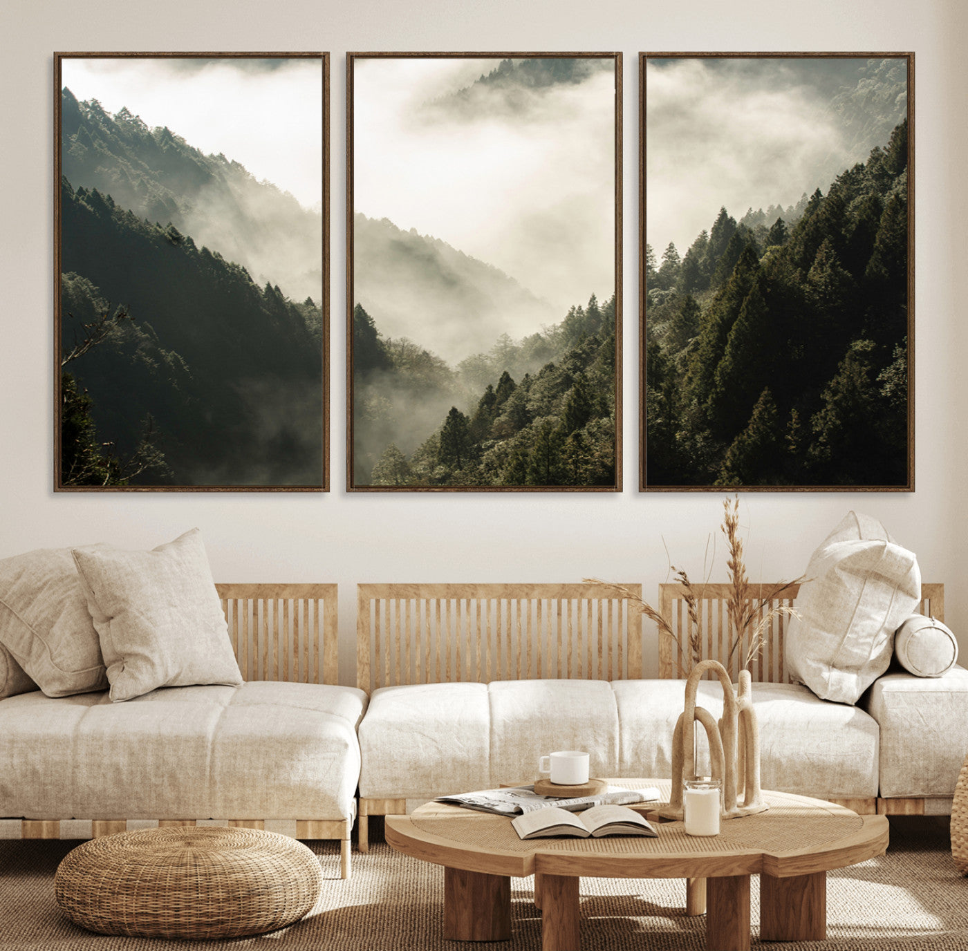57570237-MGV-FC-60X30-3P_Walnut-Misty Valley Wall Art Canvas Print, Framed Foggy Forest Art Picture Print, Pine Trees Perfect Moody Woodland Decor Artwork