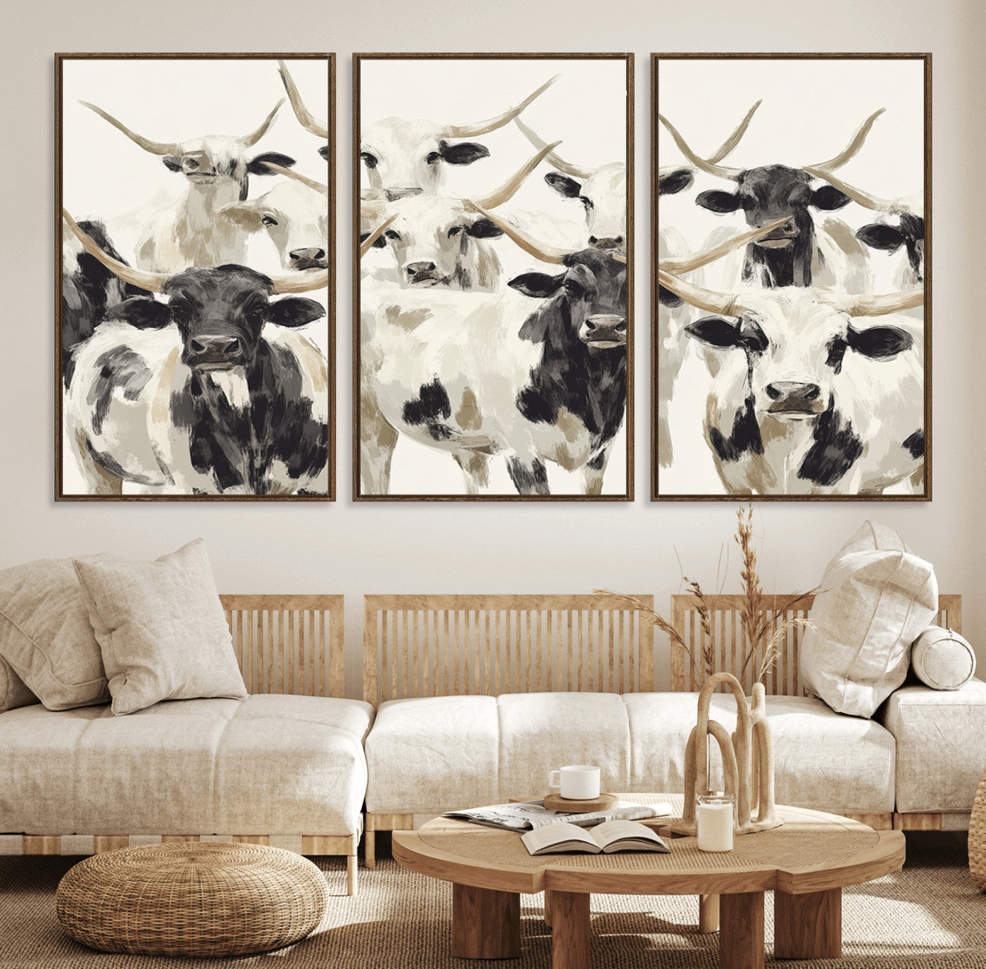 52947970-MGV-CV-36X24-Texas Longhorn Wall Art Canvas Print, Framed Cattle Herd Art Picture Print, Herd Portrait Perfect Modern Farmhouse Decor Artwork