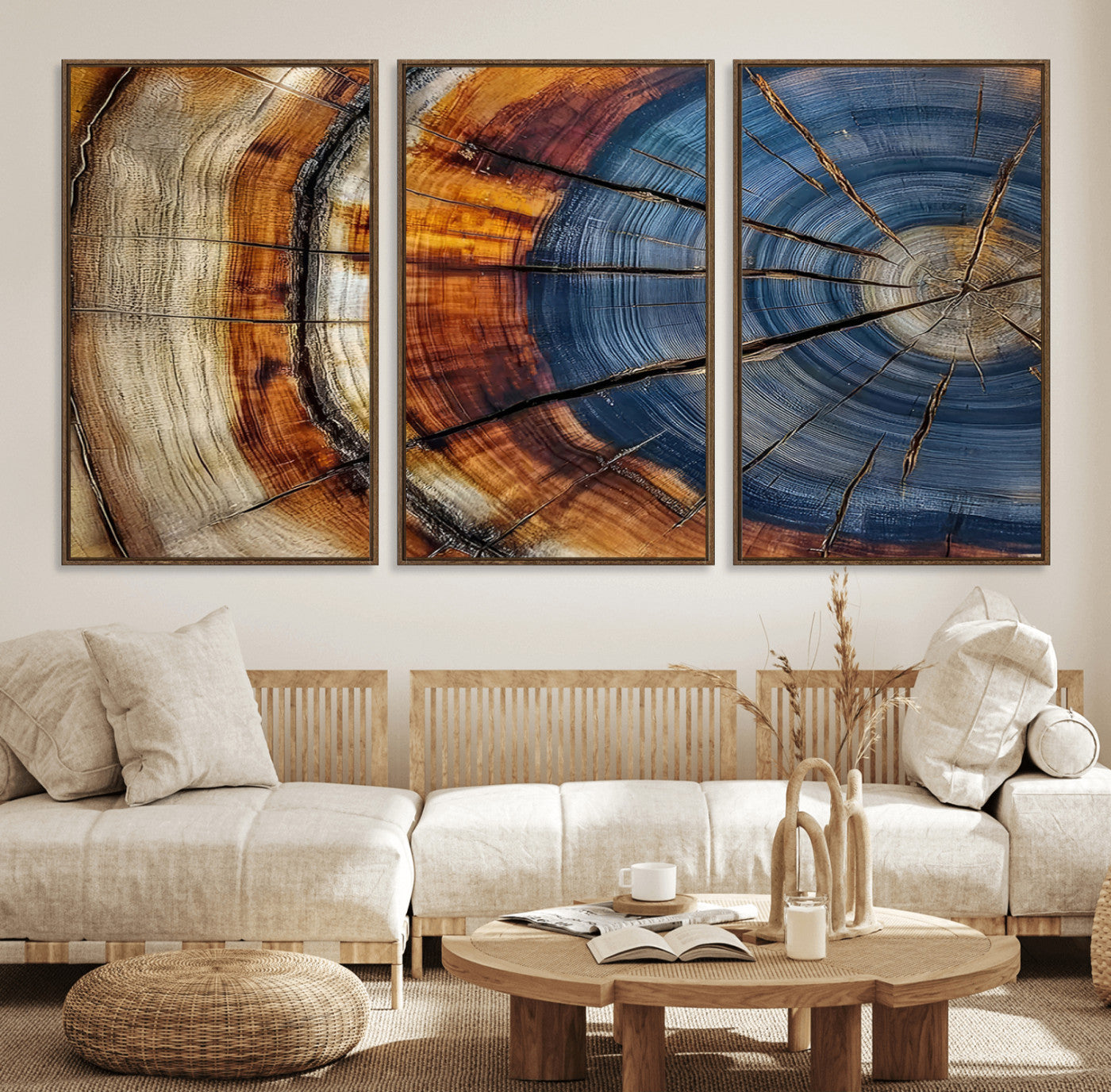 18032999-MGV-FC-60X30-3P_Walnut-Tree Ring Wall Art – Blue Brown Abstract Wood Slice Canvas Print, Rustic Modern Nature Decor for Living Room, Office, Bedroom or