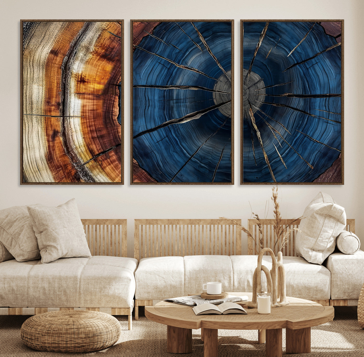 60099360-MGV-FC-60X30-3P_Walnut-Blue Tree Ring Wall Art – Rustic Wood Grain Canvas Print, Modern Abstract Artwork with Natural Texture for Living Room, Bedroom,