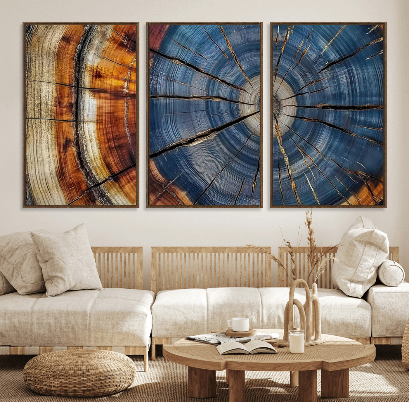 82059233-MGV-CV-36X24-Rustic Tree Ring Wall Art – Natural Wood Texture Canvas Print, Framed Abstract Tree Stump for Farmhouse, Log Cabin, Wooden House