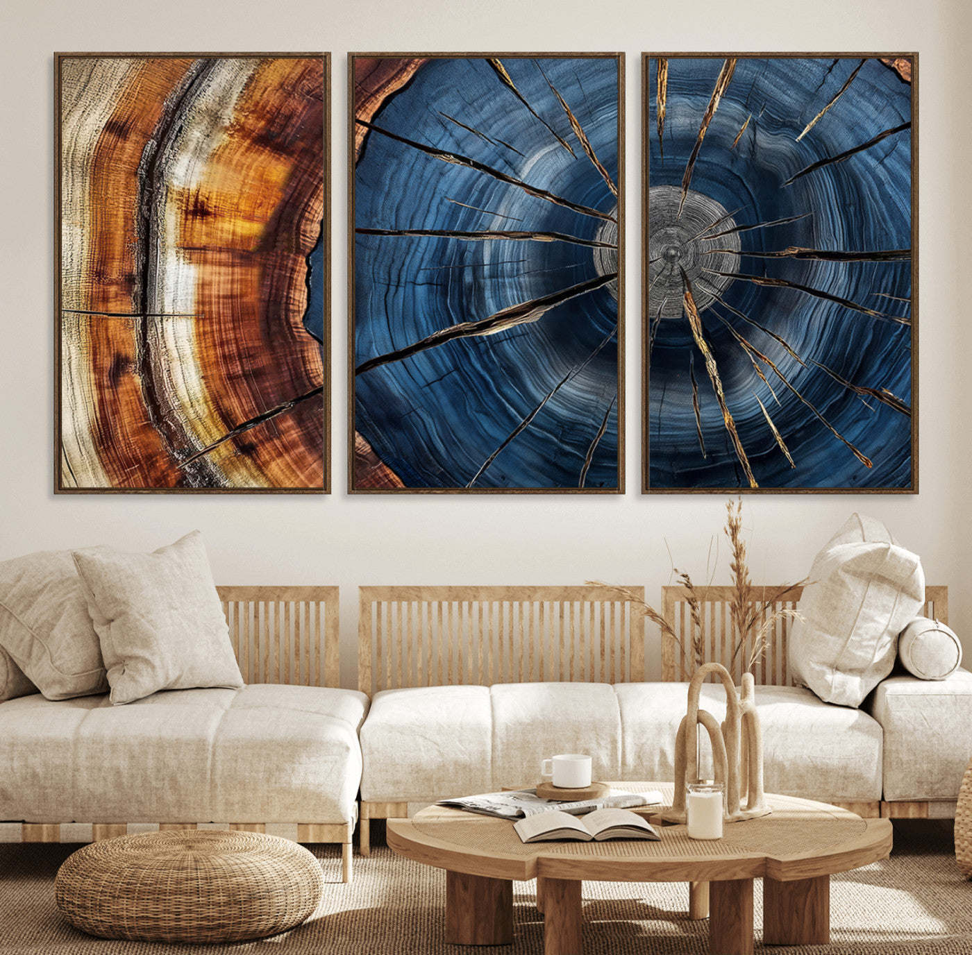 45268471-MGV-FC-60X30-3P_Walnut-Blue Tree Ring Wall Art – Rustic Wood Cross Section Canvas Print, Modern Abstract Nature Decor for Living Room, Office, or Cabin