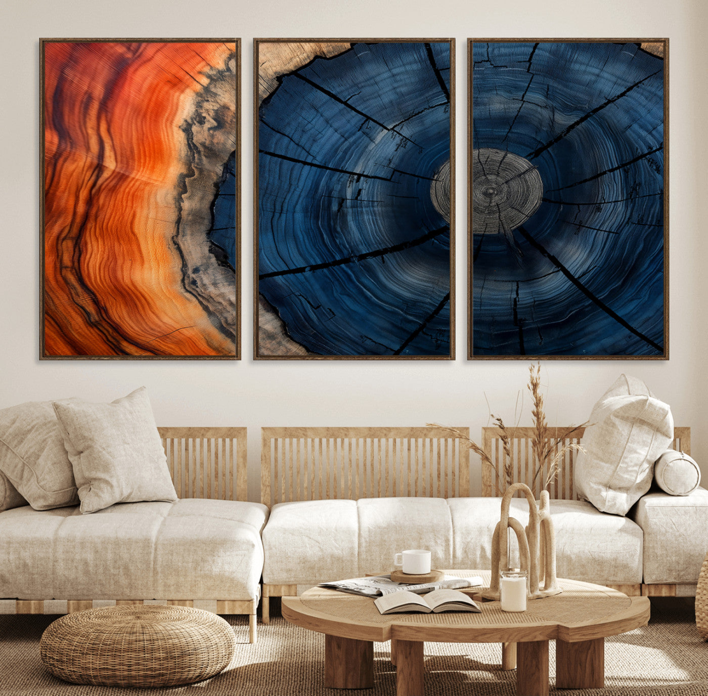 26110607-MGV-FC-60X30-3P_Walnut-Blue and Orange Tree Ring Wall Art – Abstract Wood Cross Section Canvas Print, Modern Rustic Nature Decor for Living Room, Office,