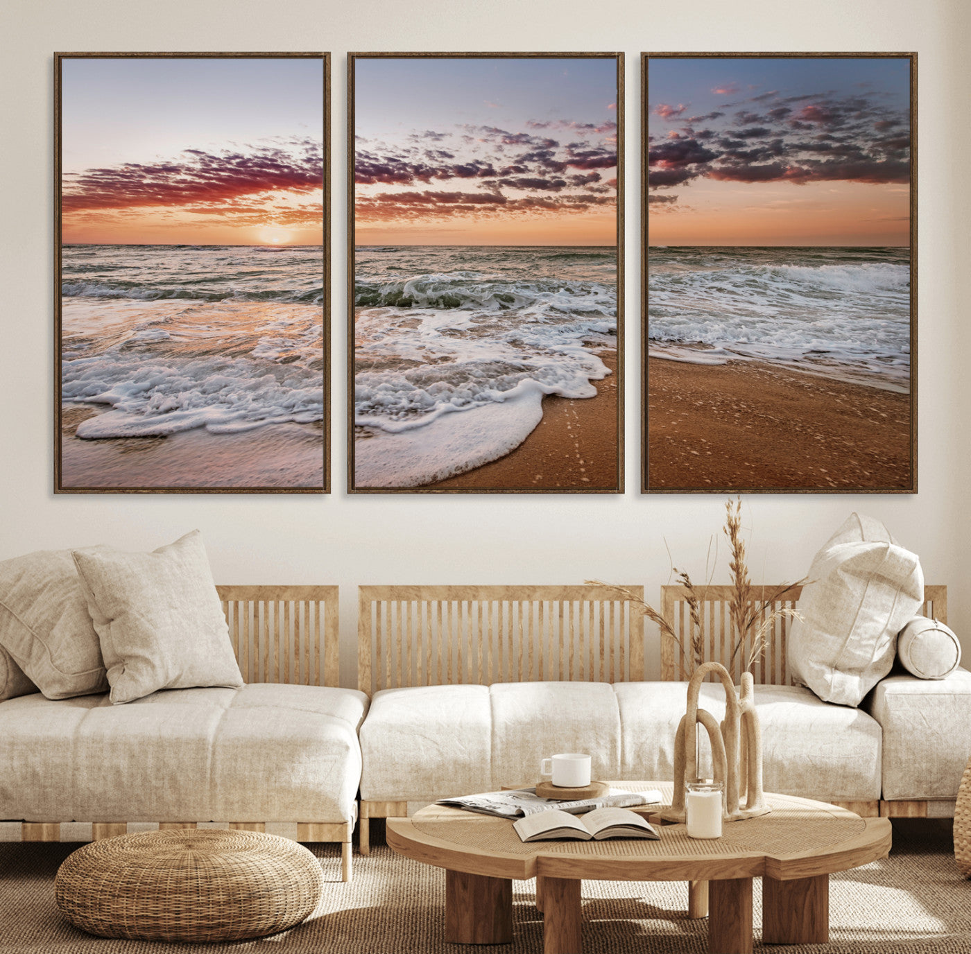 39846389-MGV-FC-60X30-3P_Walnut-Ocean Sunset Wall Art Canvas Print, Framed Sandy Shore Art Picture Print, Gentle Waves Perfect Minimalist Coastal Decor Artwork