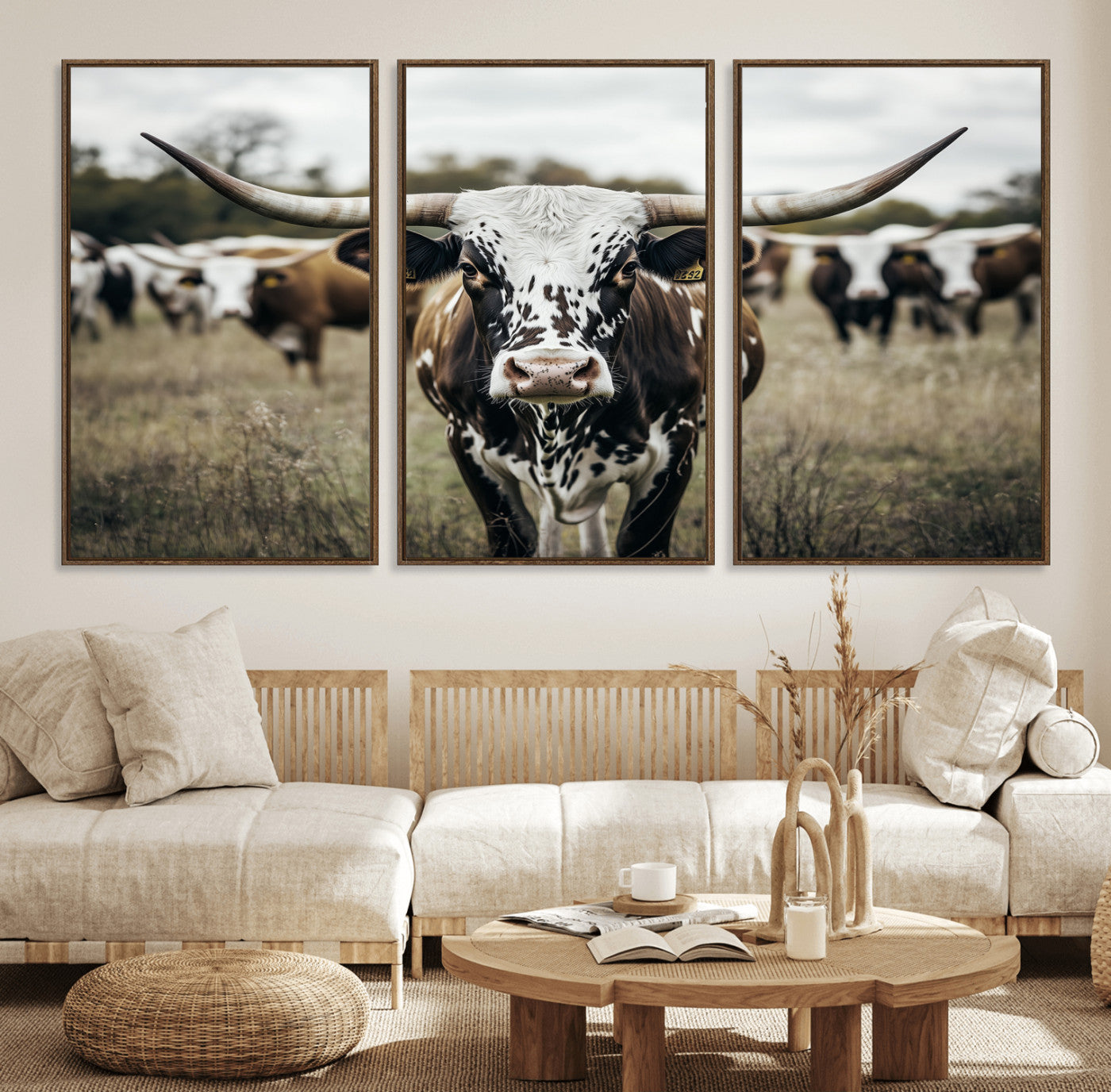 79025945-MGV-CV-36X24-Texas Longhorn Wall Art Canvas Print, Framed Speckled Cow Art Picture Print, Horned Cattle Perfect Rustic Western Decor Artwork