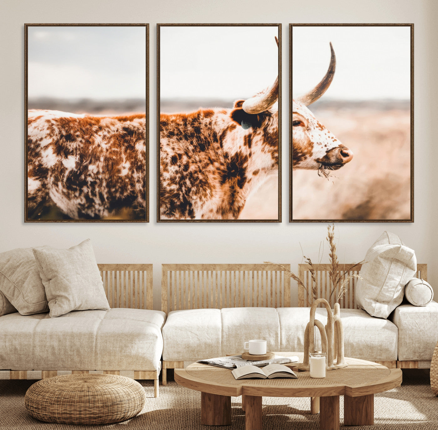 11528295-MGV-FC-60X30-3P_Walnut-Speckled Longhorn Wall Art Canvas Print, Framed Texas Cattle Art Picture Print, Horned Cow Perfect Rustic Western Decor Artwork