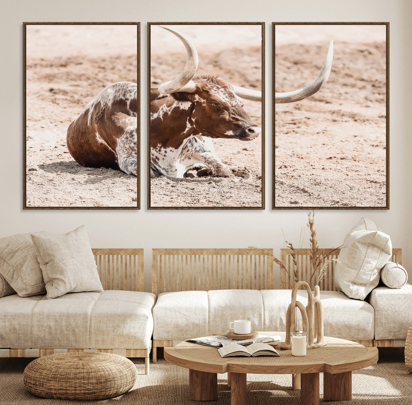 25407592-MGV-CV-36X24-Texas Longhorn Wall Art Canvas Print, Framed Resting Bull Art Picture Print, Spotted Cattle Perfect Rustic Western Decor Artwork