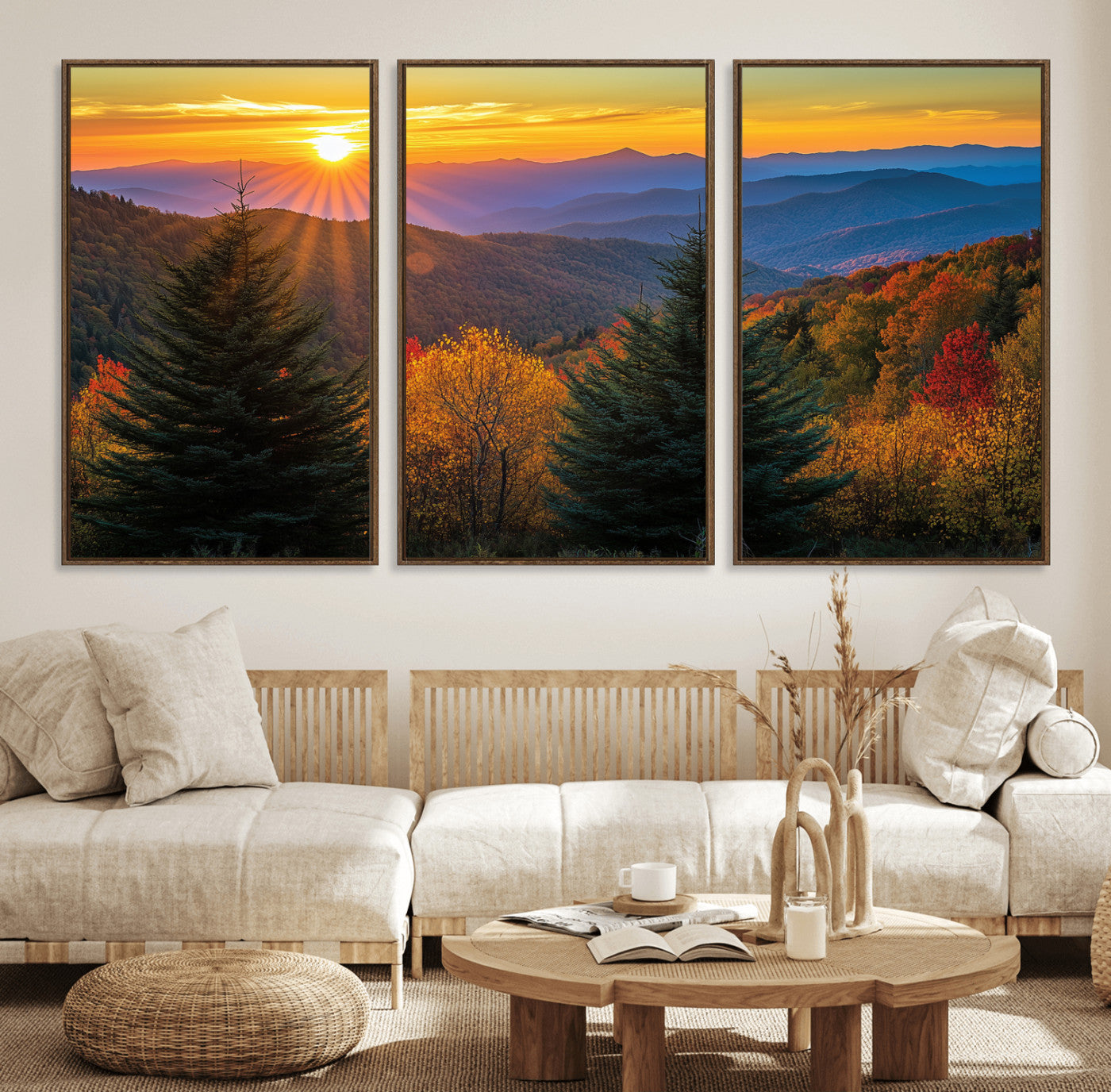 36964931-MGV-FC-60X30-3P_Walnut-Autumn Mountains Wall Art Canvas Print, Framed Sunset Glow Forest Art Picture Print, Golden Trees Perfect Vibrant Nature Decor