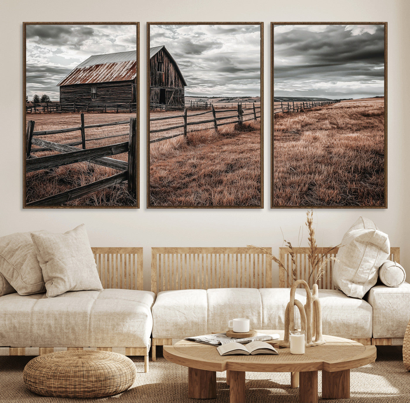 73898372-MGV-CV-36X24-Rustic Barn Wall Art Canvas Print, Framed Moody Field Art Picture Print, Weathered Fence Perfect Moody Farmhouse Decor Artwork