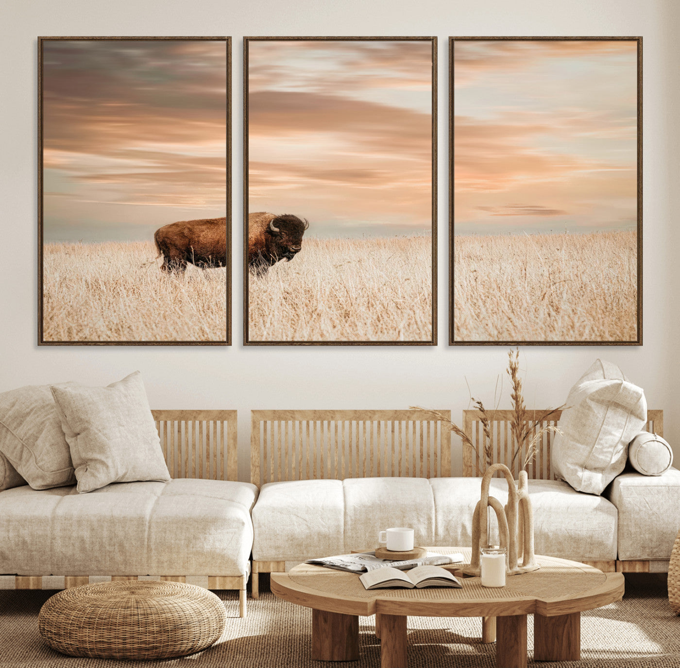 87282289-MGV-FC-60X30-3P_Walnut-Bison Wall Art Canvas Print, Framed Buffalo Art Picture Print, Western Prairie Perfect Rustic Decor Artwork