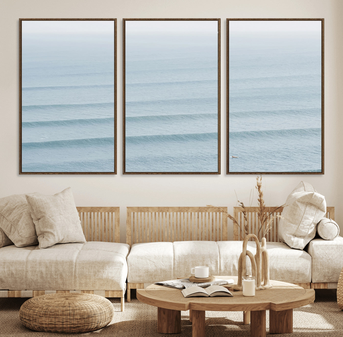 47814787-MGV-FC-60X30-3P_Walnut-Ocean Waves Wall Art Canvas Print, Framed Solo Surfer Art Picture Print, Wave Lines Perfect Minimalist Ocean Decor Artwork