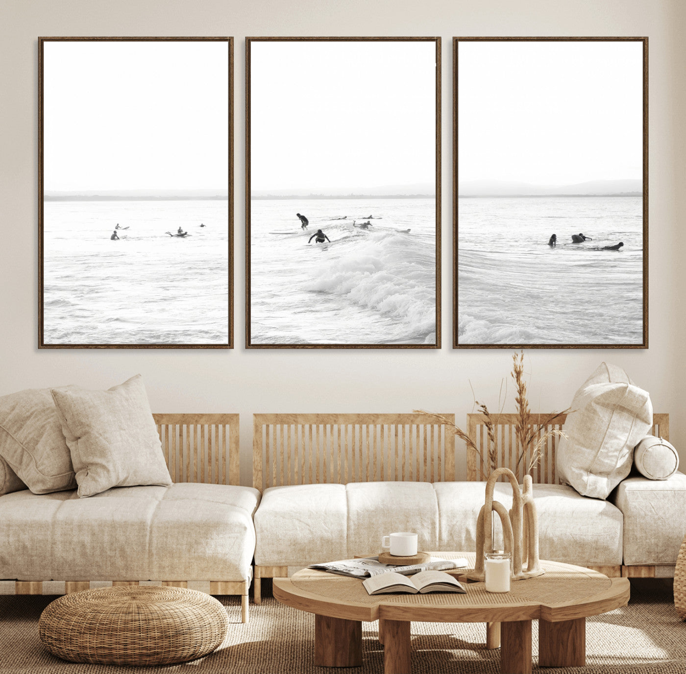 33449548-MGV-CV-36X24-Group Surfers Wall Art Canvas Print, Framed Ocean Wave Art Picture Print, Surf Crowd Perfect Monochrome Surf Decor Artwork