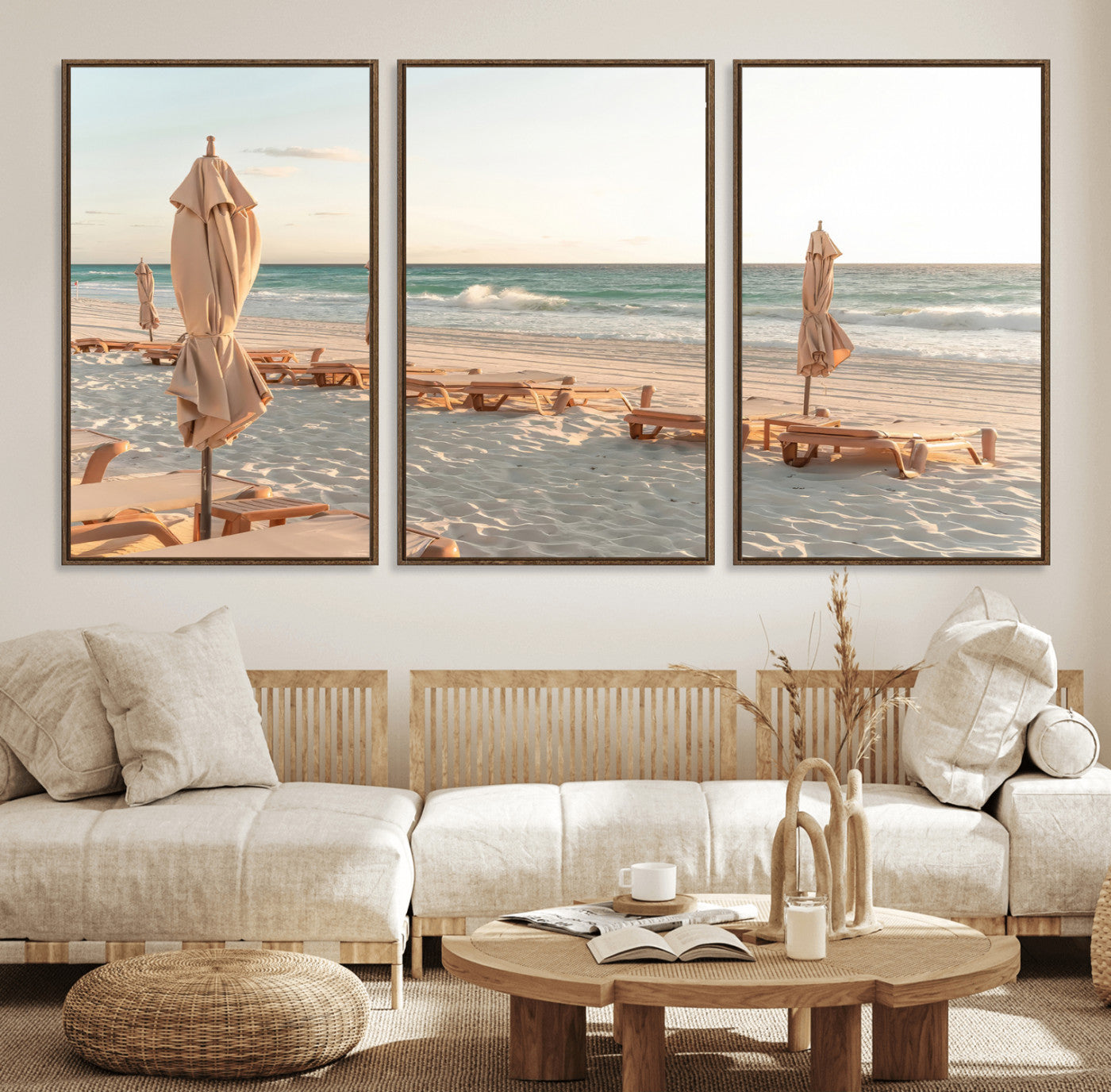 58507949-MGV-FC-60X30-3P_Walnut-Beach Umbrellas Wall Art Canvas Print, Framed Empty Loungers Art Picture Print, Soft Sand Perfect Minimalist Seaside Decor Artwork