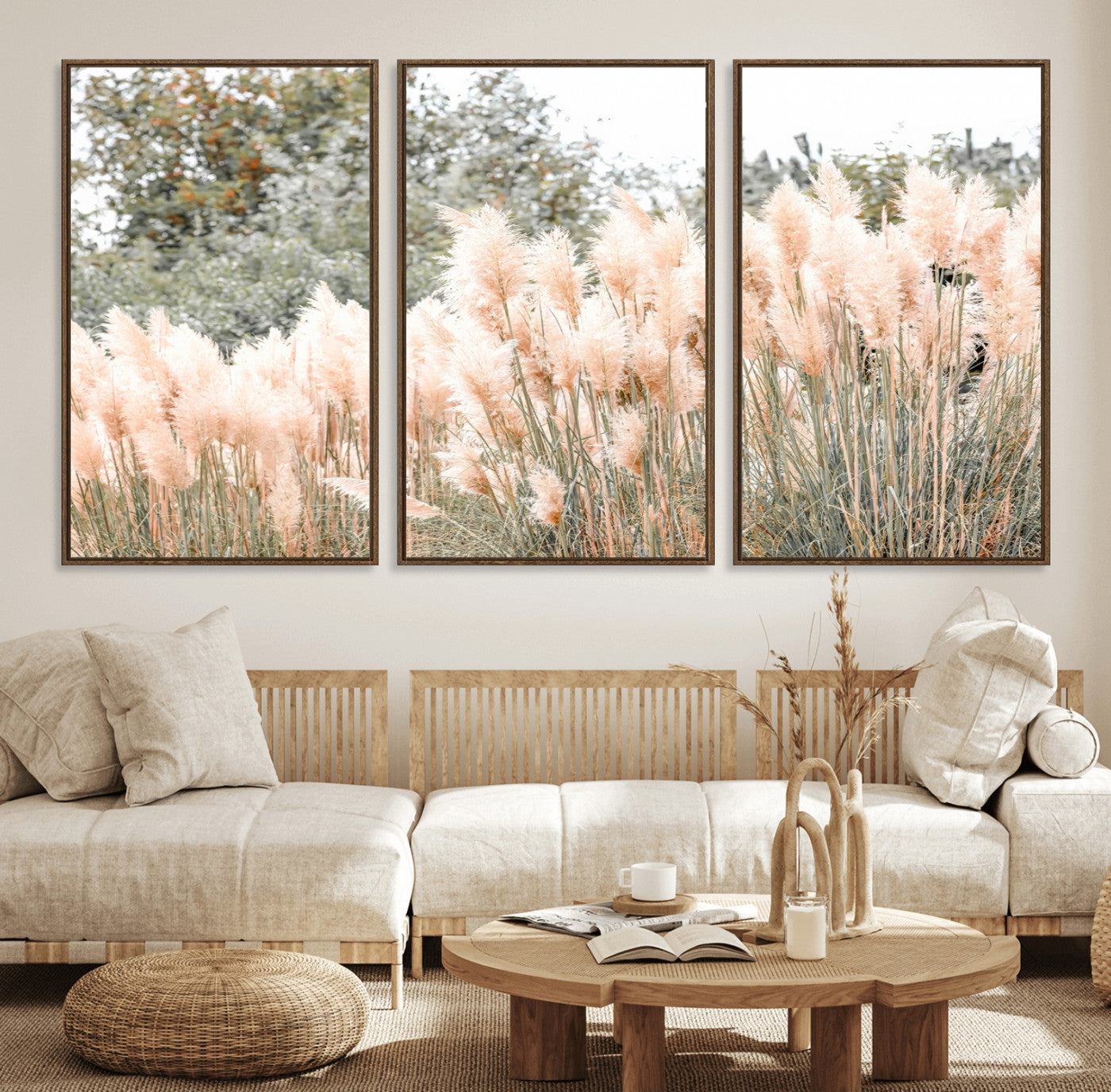 21826392-MGV-FC-60X30-3P_Walnut-Pampas Grass Wall Art Canvas Print, Framed Soft Pampas Art Picture Print, Pastel Grasses Perfect Soft Neutral Boho Decor Artwork
