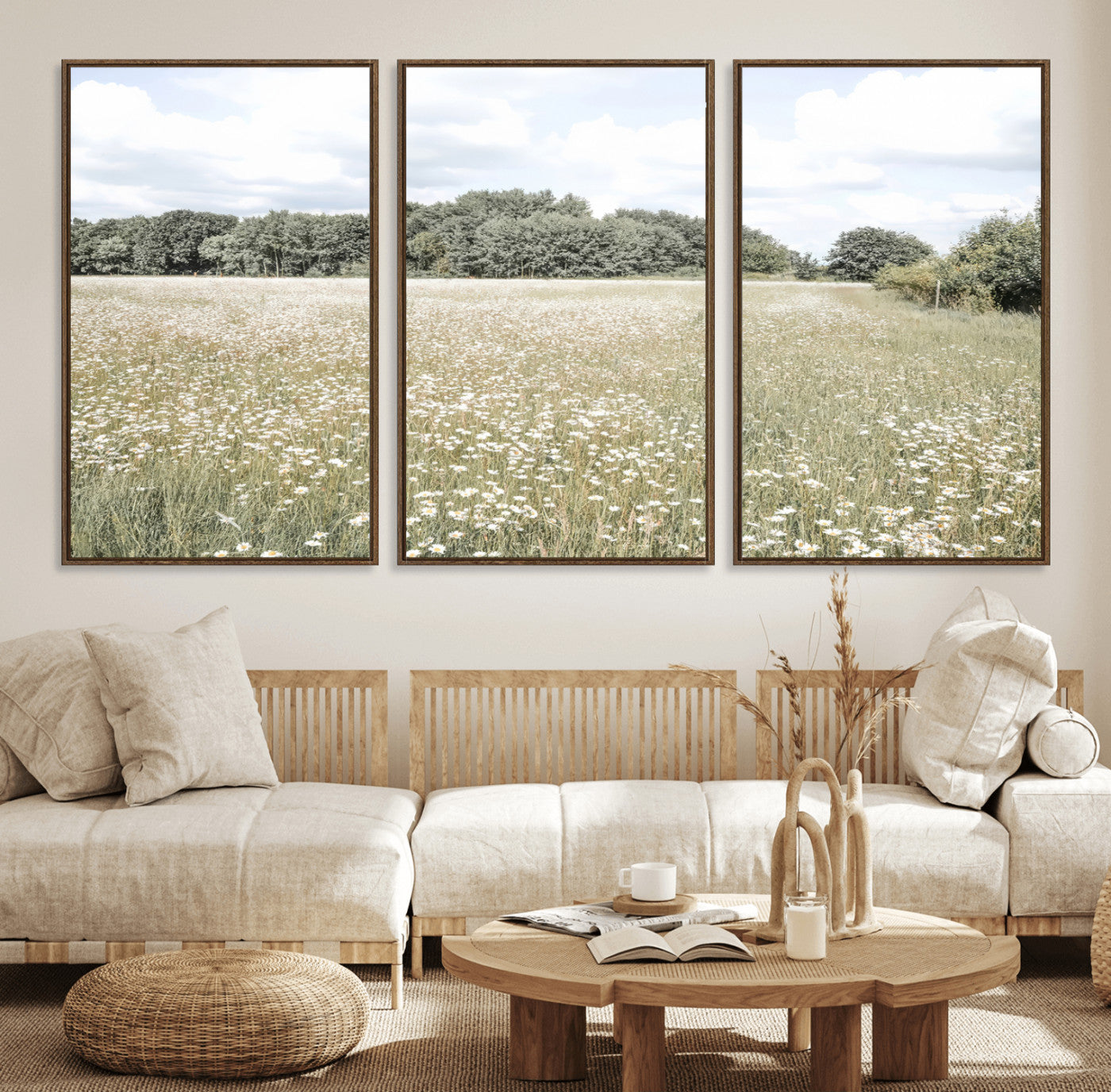 43258946-MGV-CV-36X24-Daisy Field Wall Art Canvas Print, Framed Pastel Flower Art Picture Print, Meadow Bloom Perfect Scandinavian Minimalist Decor