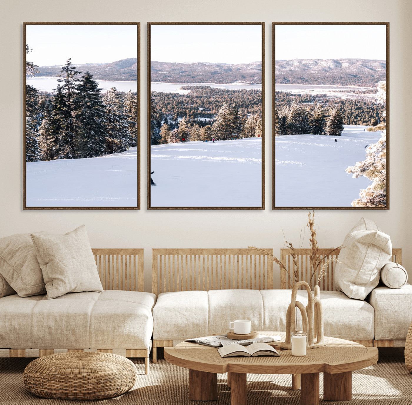 79857868-MGV-FC-60X30-3P_Walnut-Snowy Mountain Wall Art Canvas Print, Framed Ski Slope Art Picture Print, Winter Forest Perfect Modern Rustic Decor Artwork
