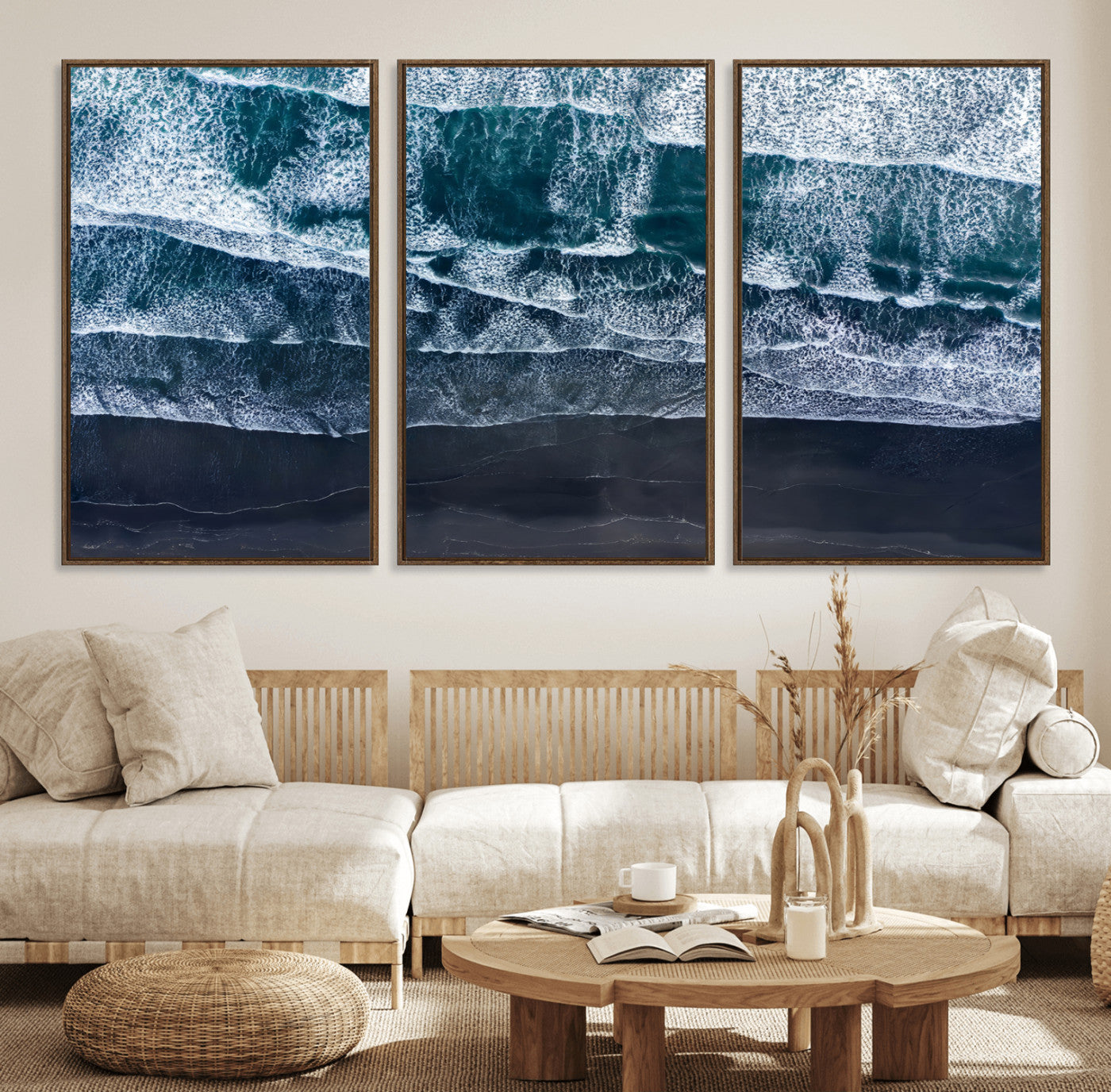 87941475-MGV-FC-60X30-3P_Walnut-Black Beach Wall Art Canvas Print, Framed Aerial Ocean Art Picture Print, Moody Coastal Perfect Modern Coastal Decor Artwork