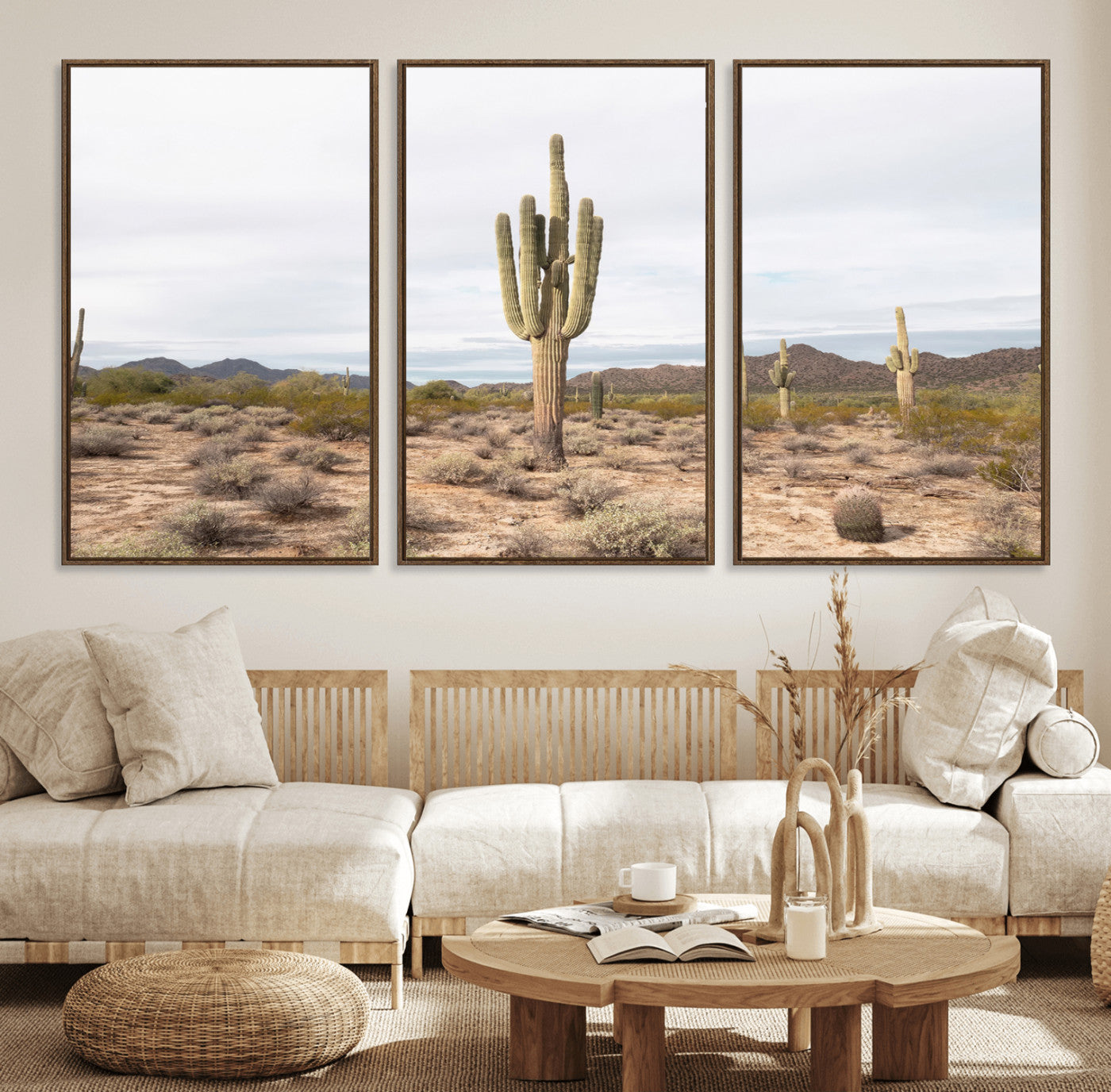 96147924-MGV-FC-60X30-3P_Walnut-Saguaro Cactus Wall Art Canvas Print, Framed Desert Cactus Art Picture Print, Earthy Desert Perfect Southwestern Boho Decor