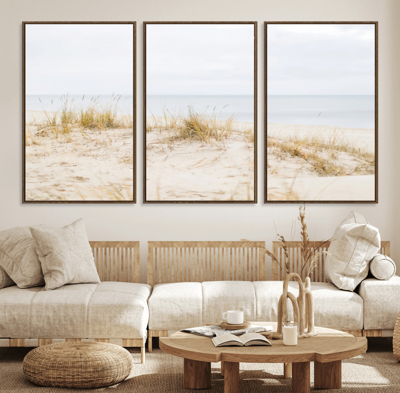 13146857-MGV-FC-60X30-3P_Walnut-Beach Dunes Wall Art Canvas Print, Framed Soft Horizon Art Picture Print, Coastal Grass Perfect Minimalist Coastal Decor Artwork