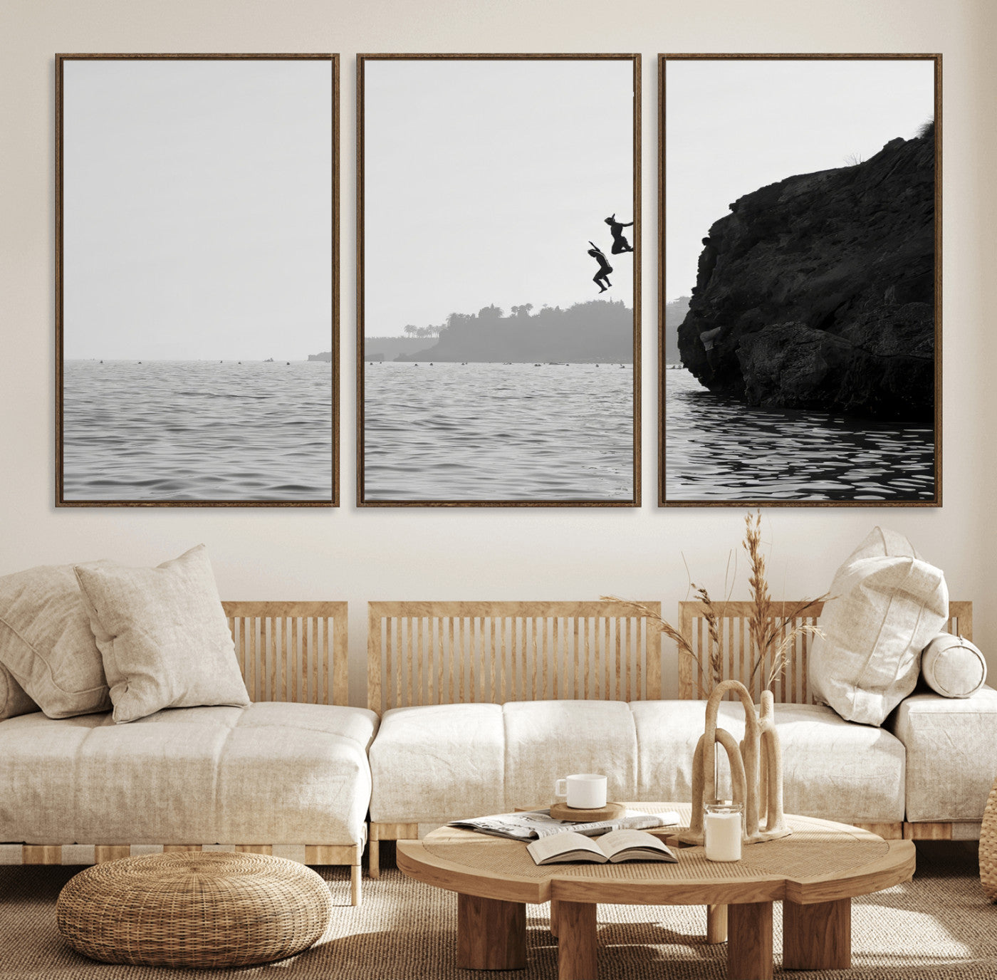 52284302-MGV-CV-36X24-Cliff Jumping Wall Art Canvas Print, Framed Ocean Adventure Art Picture Print, Black White Coast Perfect Modern Coastal Decor