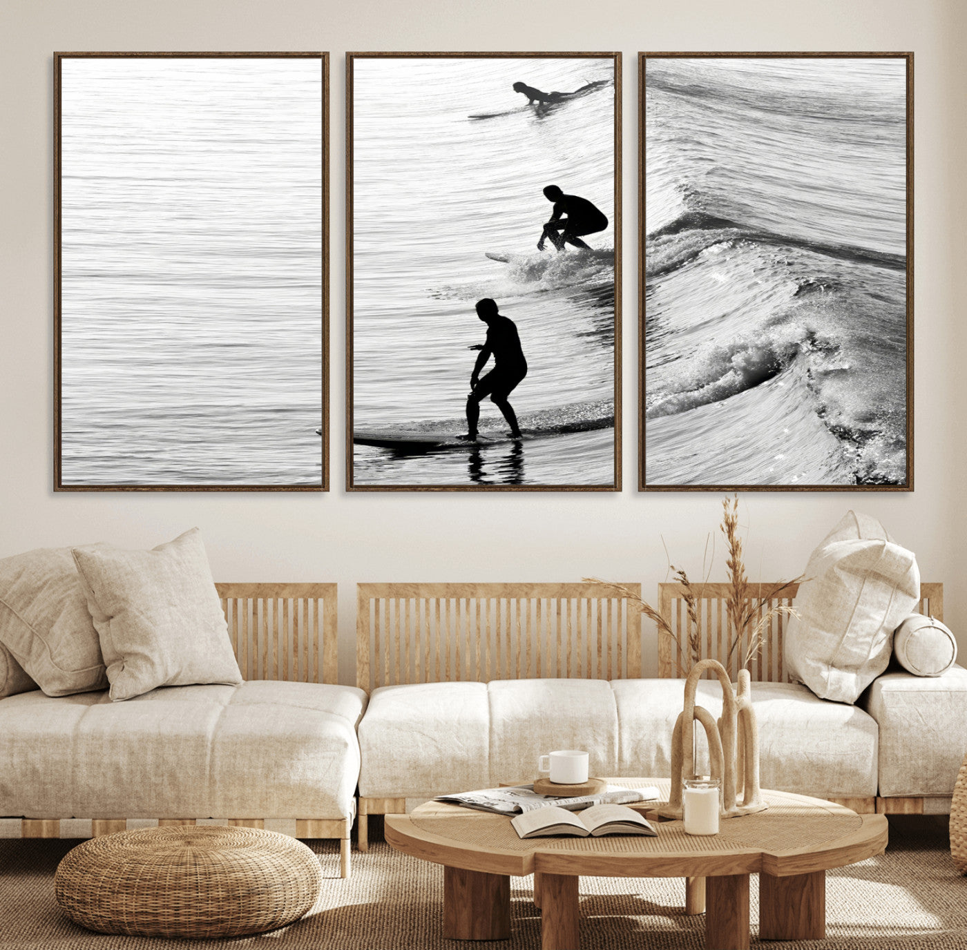 19875284-MGV-CV-36X24-Surfer Waves Wall Art Canvas Print, Framed Black White Surf Art Picture Print, Monochrome Ocean Perfect Modern Coastal Decor