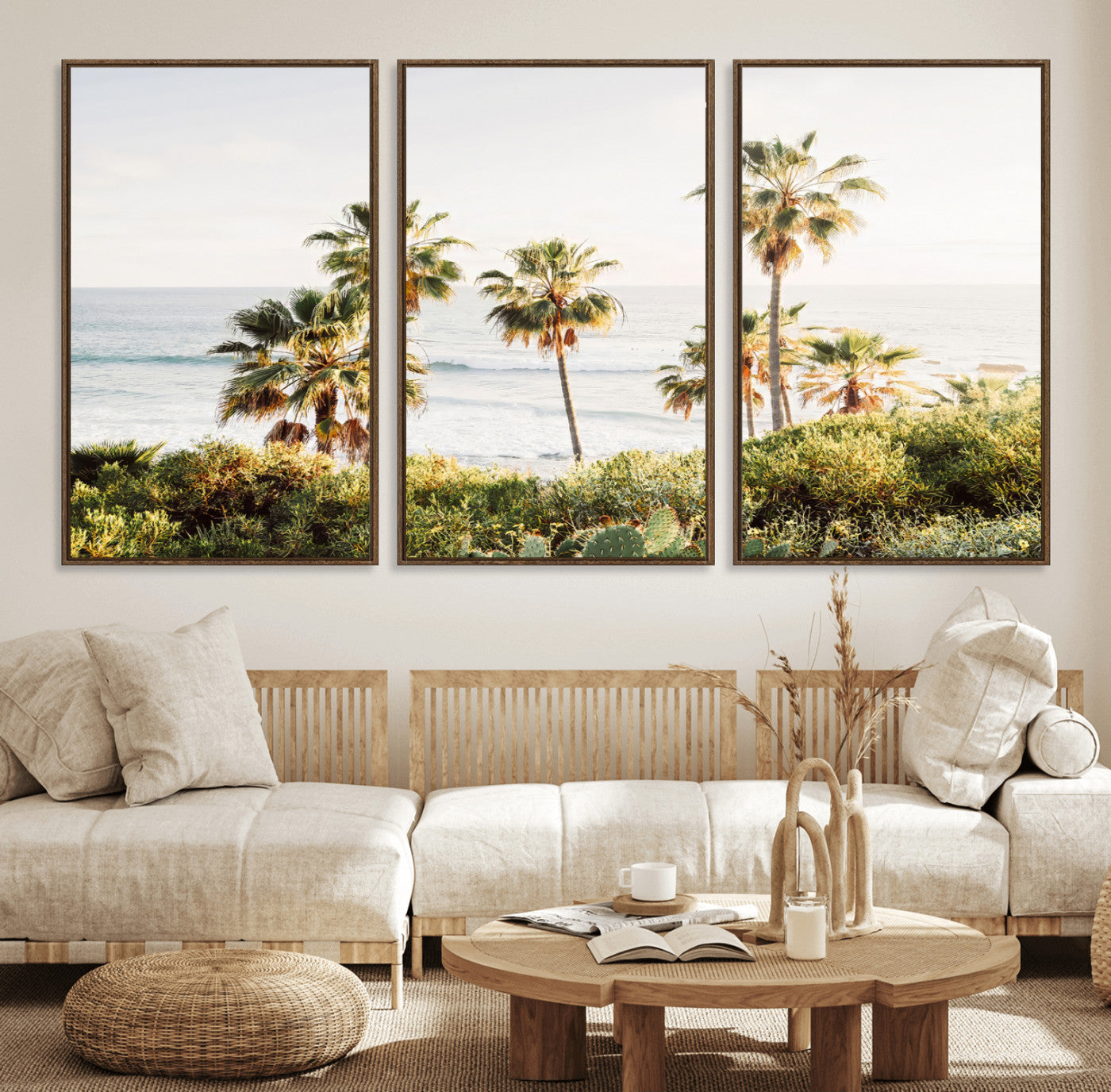 94707294-MGV-FC-60X30-3P_Walnut-California Coast Wall Art Canvas Print, Framed Palm Trees Art Picture Print, Coastal Landscape Perfect Coastal Minimalist Decor