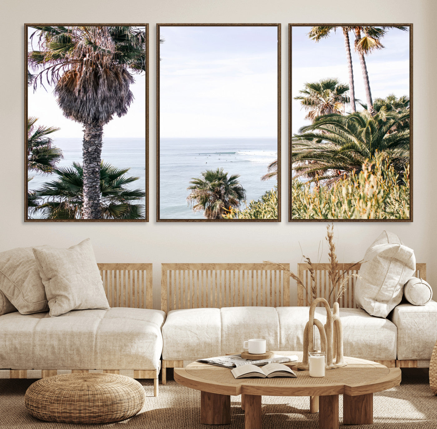 51404565-MGV-FC-60X30-3P_Walnut-Palm Trees Wall Art Canvas Print, Framed Ocean Breeze Art Picture Print, Coastal View Perfect Tropical Coastal Decor Artwork