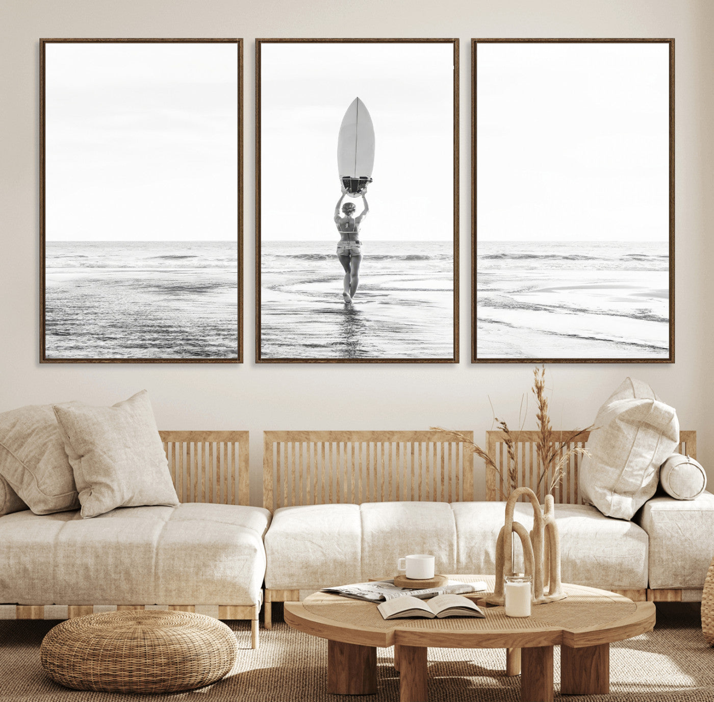 98446901-MGV-CV-36X24-Monochrome Surf Wall Art Canvas Print, Framed Minimalist Surfer Art Picture Print, Surfboard Silhouette Perfect Coastal Minimalist