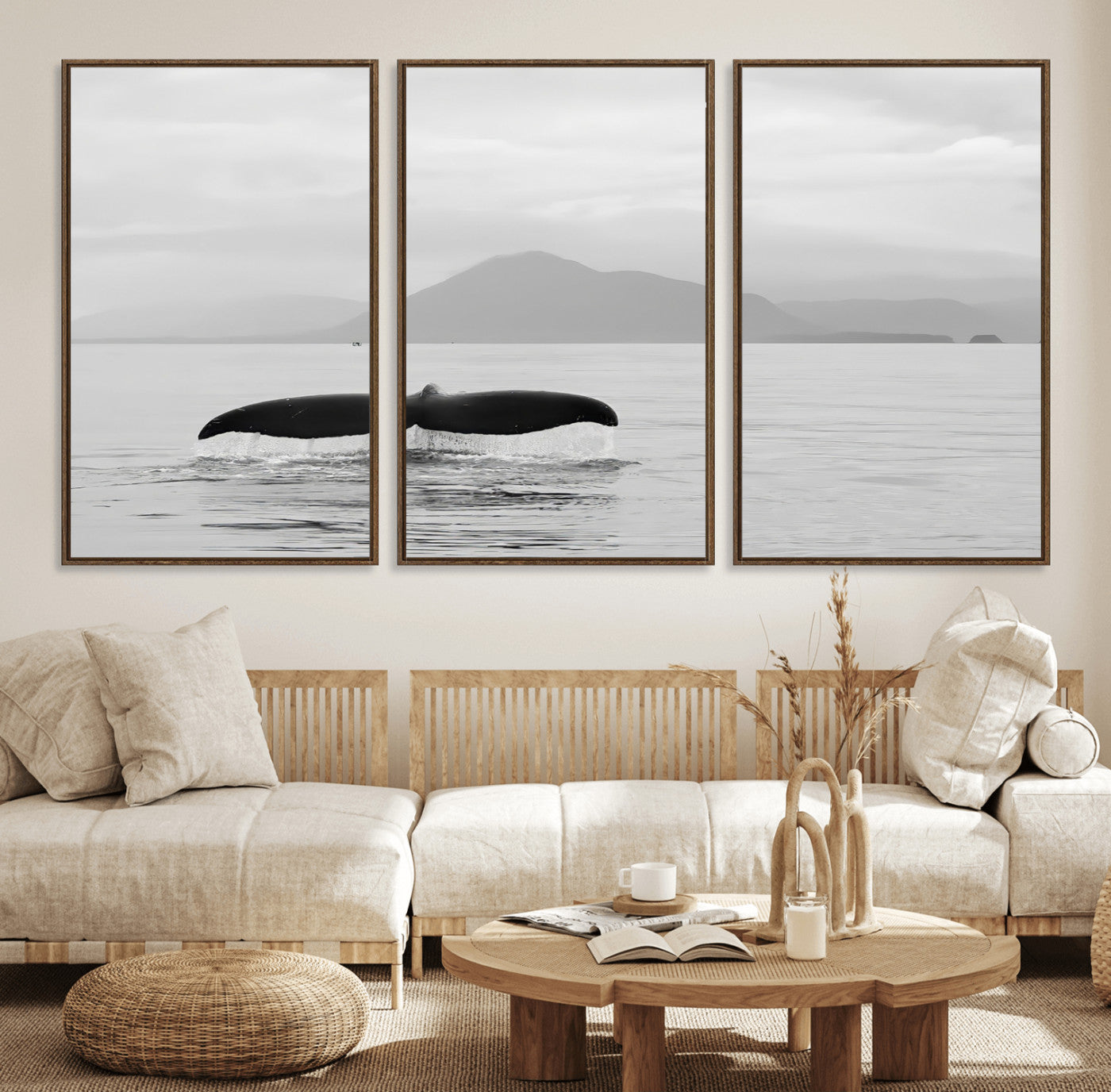 30524220-MGV-FC-60X30-3P_Walnut-Whale Tail Wall Art Canvas Print, Framed Black White Ocean Art Picture Print, Calm Marine Perfect Minimalist Coastal Decor Artwork