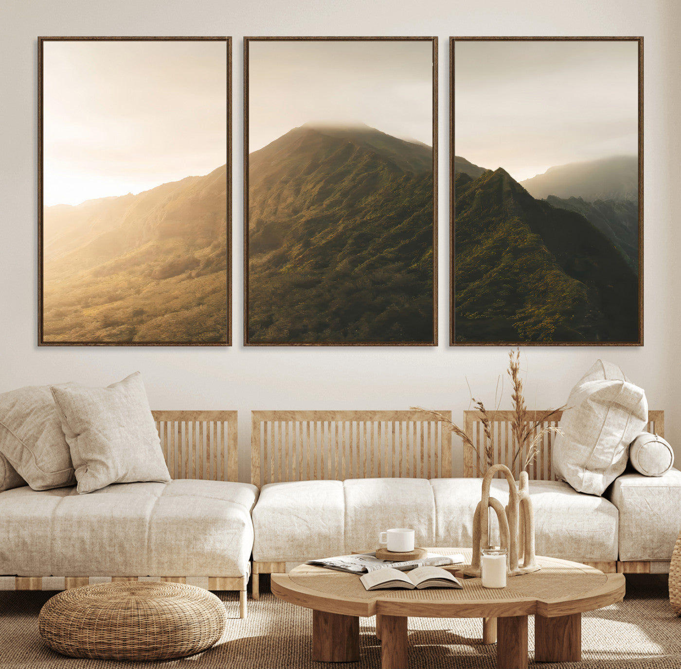 42338636-MGV-CV-36X24-Golden Mountain Wall Art Canvas Print, Framed Misty Summit Art Picture Print, Rugged Landscape Perfect Moody Wilderness Decor