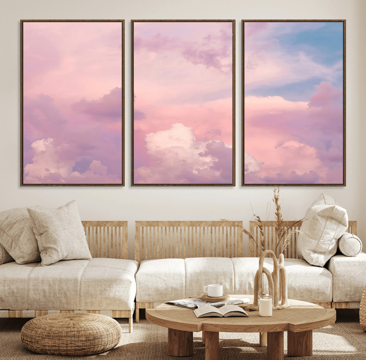 22874890-MGV-FC-60X30-3P_Walnut-Pastel Sky Wall Art Canvas Print, Framed Dreamy Cloudscape Art Picture Print, Sunset Glow Perfect Minimalist Serenity Decor