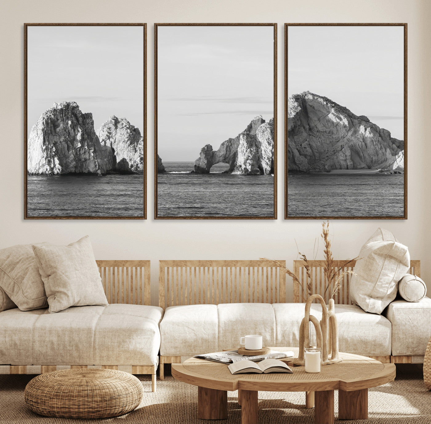 18810731-MGV-FC-60X30-3P_Walnut-Rugged Coastline Wall Art Canvas Print, Framed Ocean Cliffs Art Picture Print, Monochrome Seascape Perfect Coastal Minimalist