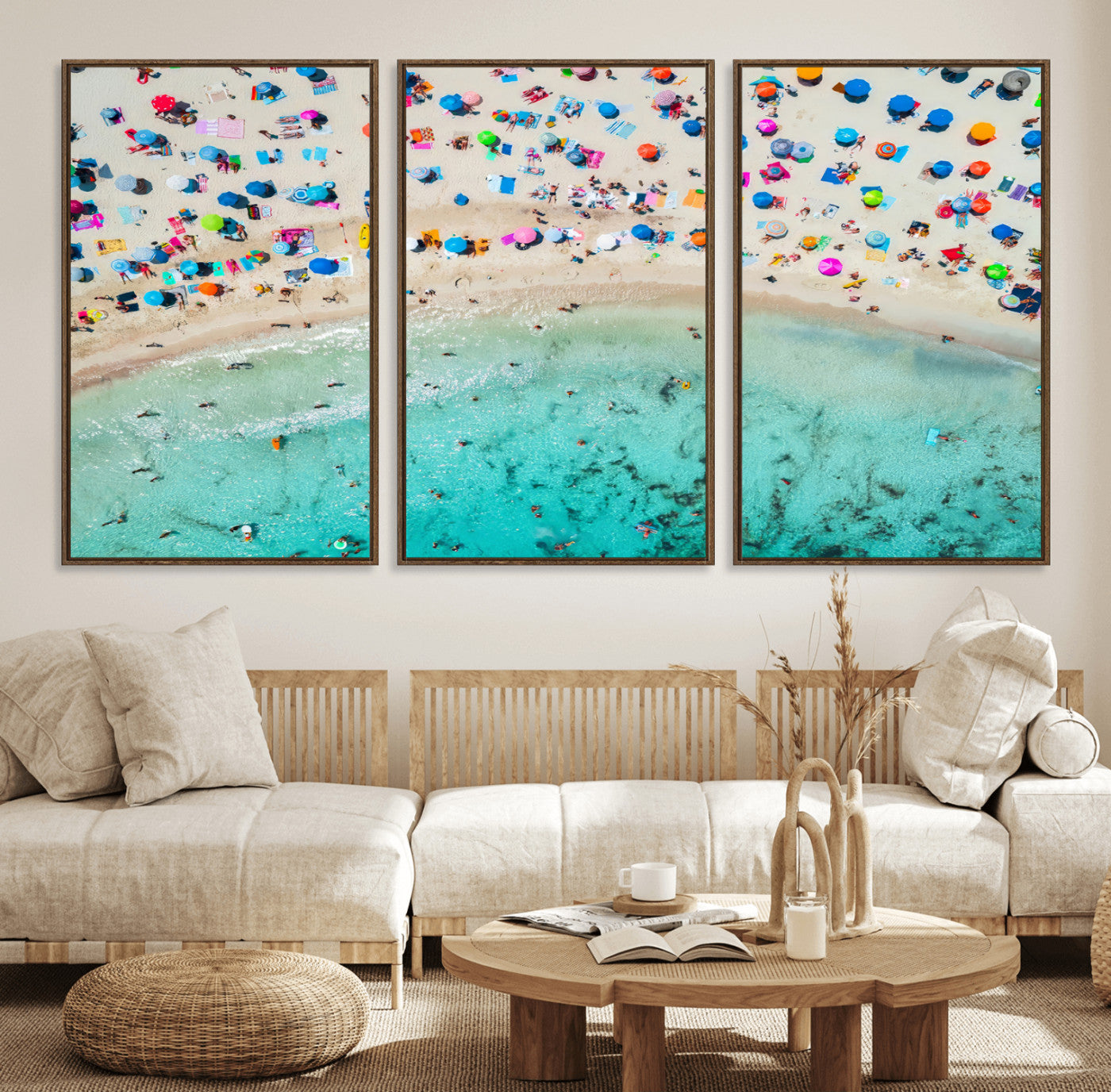 76172085-MGV-FC-60X30-3P_Walnut-Tropical Shoreline Wall Art Canvas Print, Framed Beach Relaxing Art Picture Print, Aerial Summer Perfect Coastal Vibrant Decor
