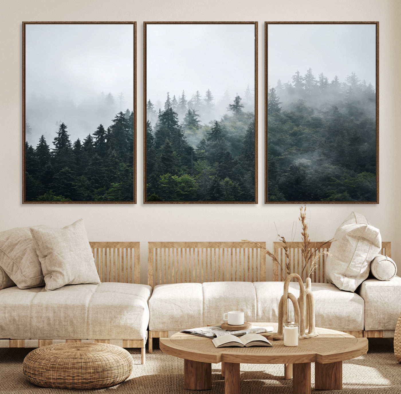 84146572-MGV-FC-60X30-3P_Walnut-Foggy Pine Trees Wall Art Canvas Print, Framed Forest Nature Art Picture Print, Evergreen Forest Perfect Scandinavian Minimalist