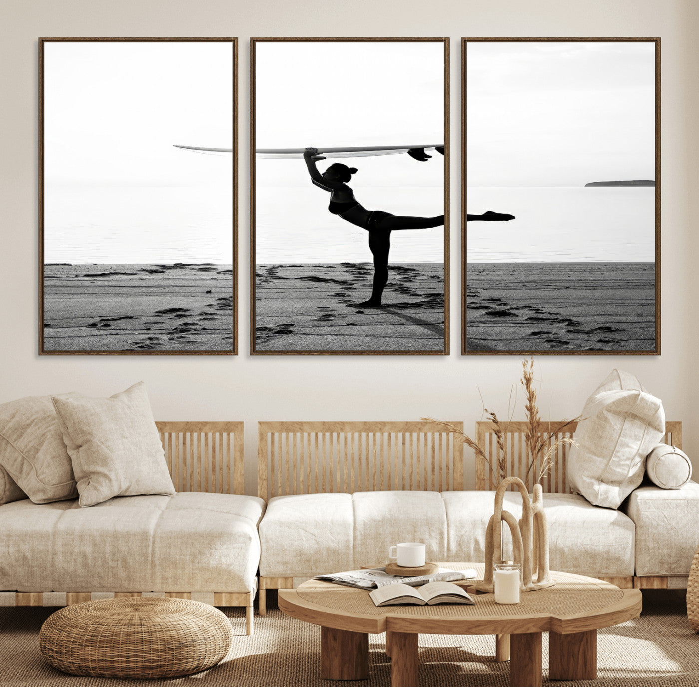 28441356-MGV-CV-36X24-Yoga Surf Wall Art Canvas Print, Framed Black White Shore Art Picture Print, Peaceful Ocean Perfect Minimalist Coastal Decor
