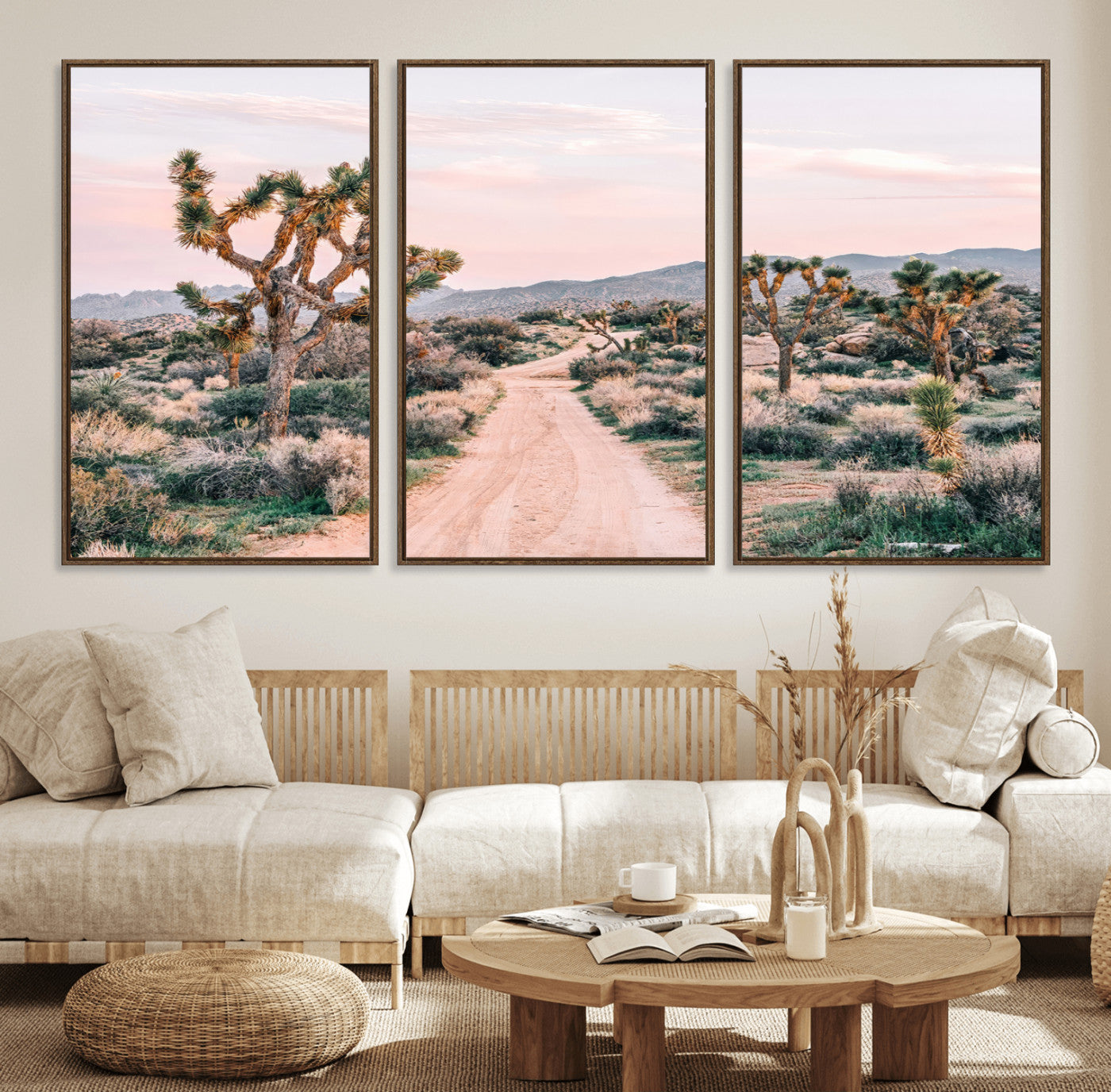 12540952-MGV-FC-60X30-3P_Walnut-Joshua Tree Park Wall Art Canvas Print, Framed Desert Road Art Picture Print, Sunset Drive Perfect Southwestern Boho Decor Artwork