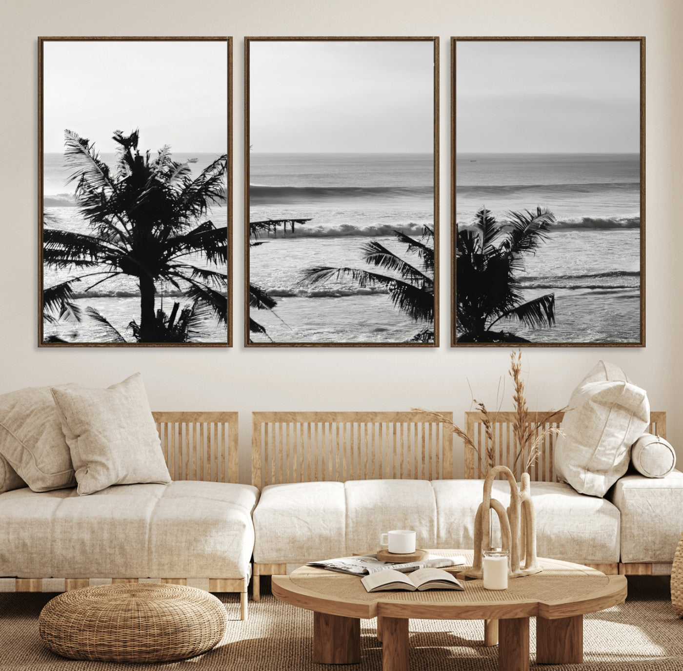 17508038-MGV-CV-36X24-Tropical Coastline Wall Art Canvas Print, Framed Palm Trees Art Picture Print, Ocean Waves Perfect Minimalist Coastal Decor