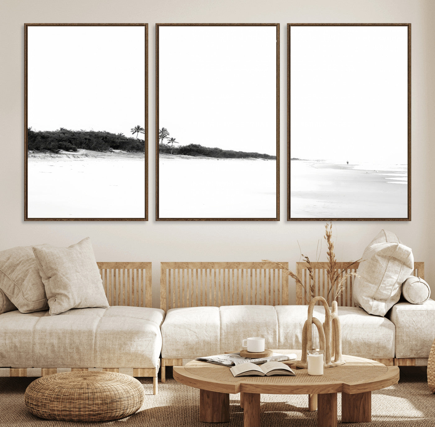 29611516-MGV-CV-36X24-Black White Beach Wall Art Canvas Print, Framed Palm Trees Art Picture Print, Monochrome Tropical Perfect Minimalist Coastal Decor