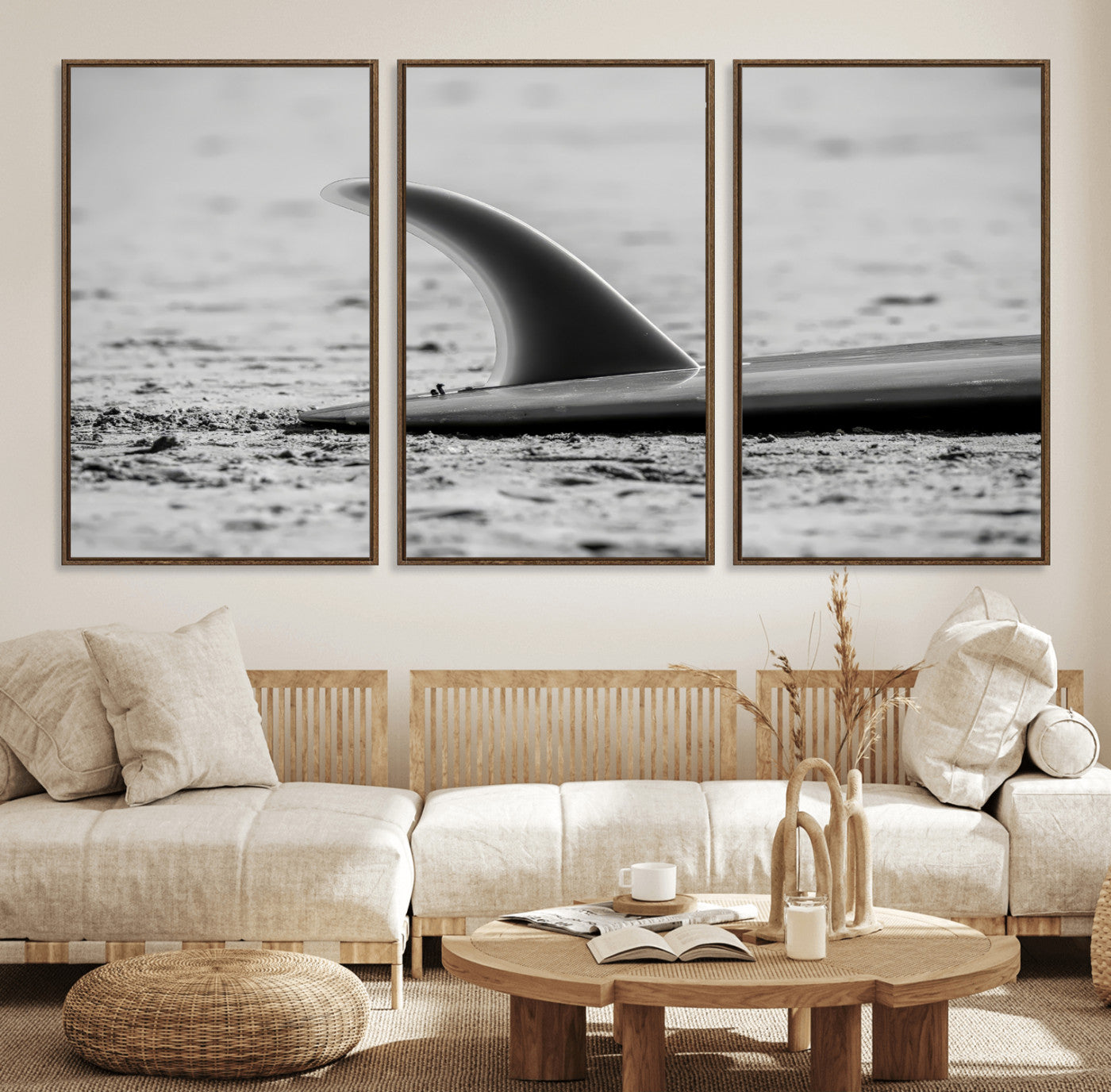 62314230-MGV-FC-60X30-3P_Walnut-Black White Surfboard Wall Art Canvas Print, Framed Minimalist Beach Art Picture Print, Surf Fin Perfect Minimalist Coastal Decor