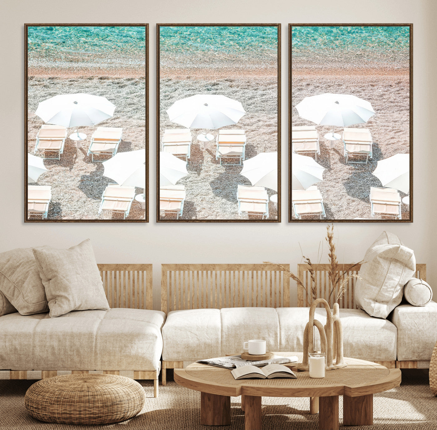 83736167-MGV-CV-36X24-Calm Beach Wall Art Canvas Print, Framed Turquoise Water Art Picture Print, Umbrella Shoreline Perfect Coastal Minimalist Decor