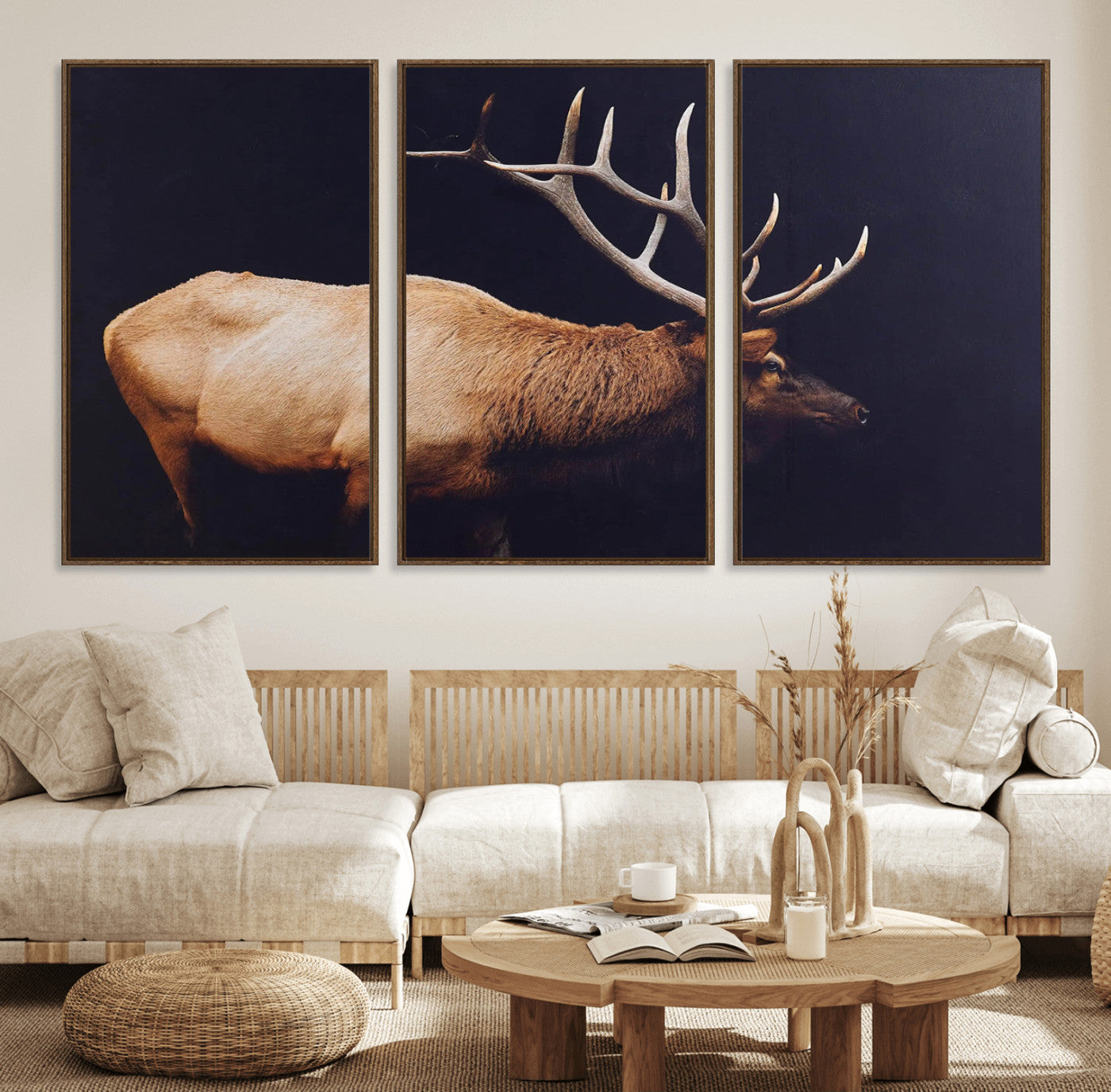 91871131-MGV-FC-60X30-3P_Walnut-Rustic Elk Art Wall Art Canvas Print, Framed Moody Wildlife Decor Art Picture Print, Western Animal Print Perfect Western Lodge