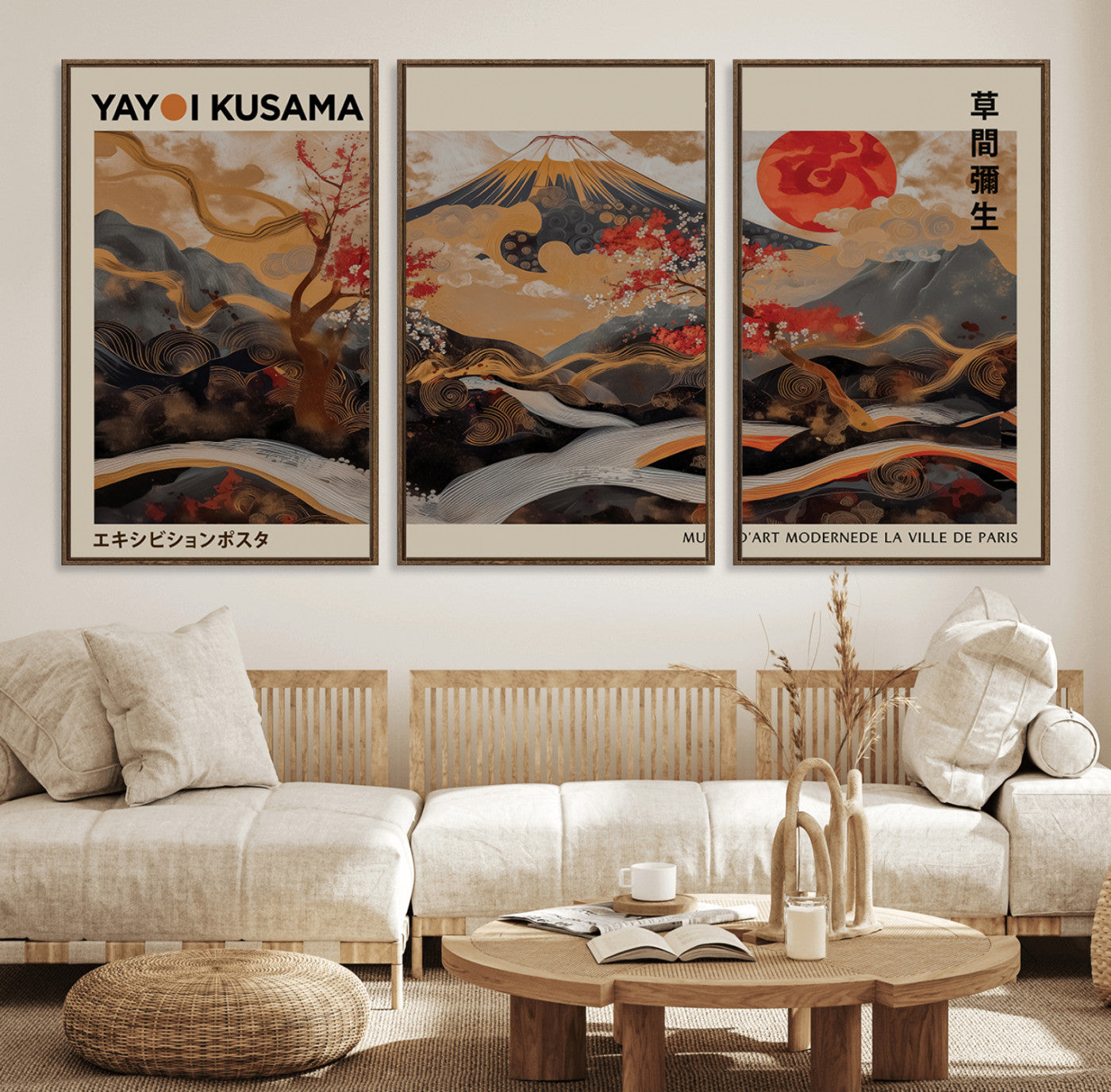 77970791-MGV-FC-60X30-3P_Walnut-Mount Fuji Golden Abstract Wall Art – Japanese Landscape Canvas Poster, Cherry Blossom & Red Sun Painting, Elegant Zen Oriental