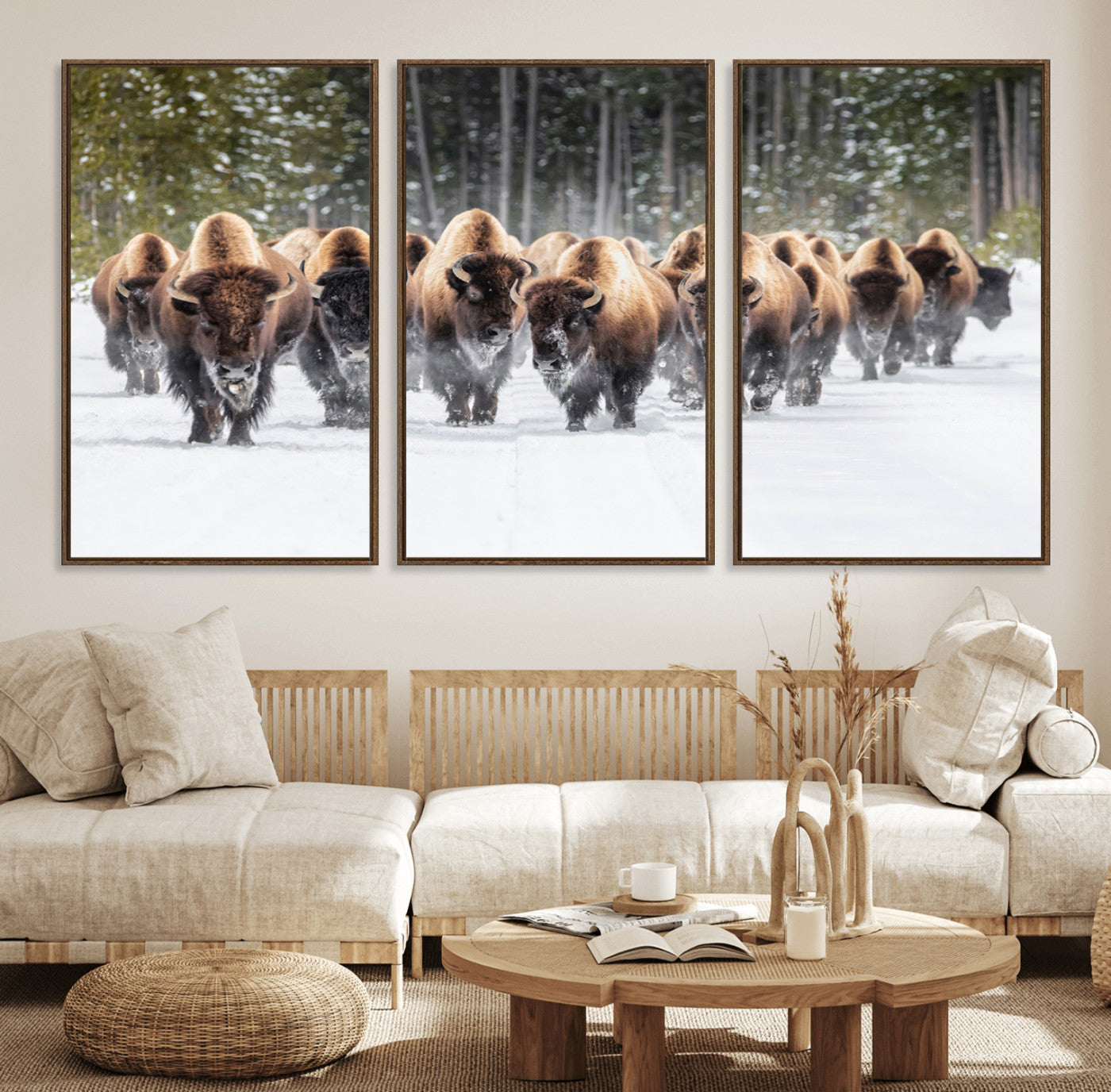 22695857-MGV-FC-60X30-3P_Walnut-Bison Herd Scene Wall Art Canvas Print, Framed Western Wildlife Art Picture Print, Rustic Animal Art Perfect Rustic Lodge Decor