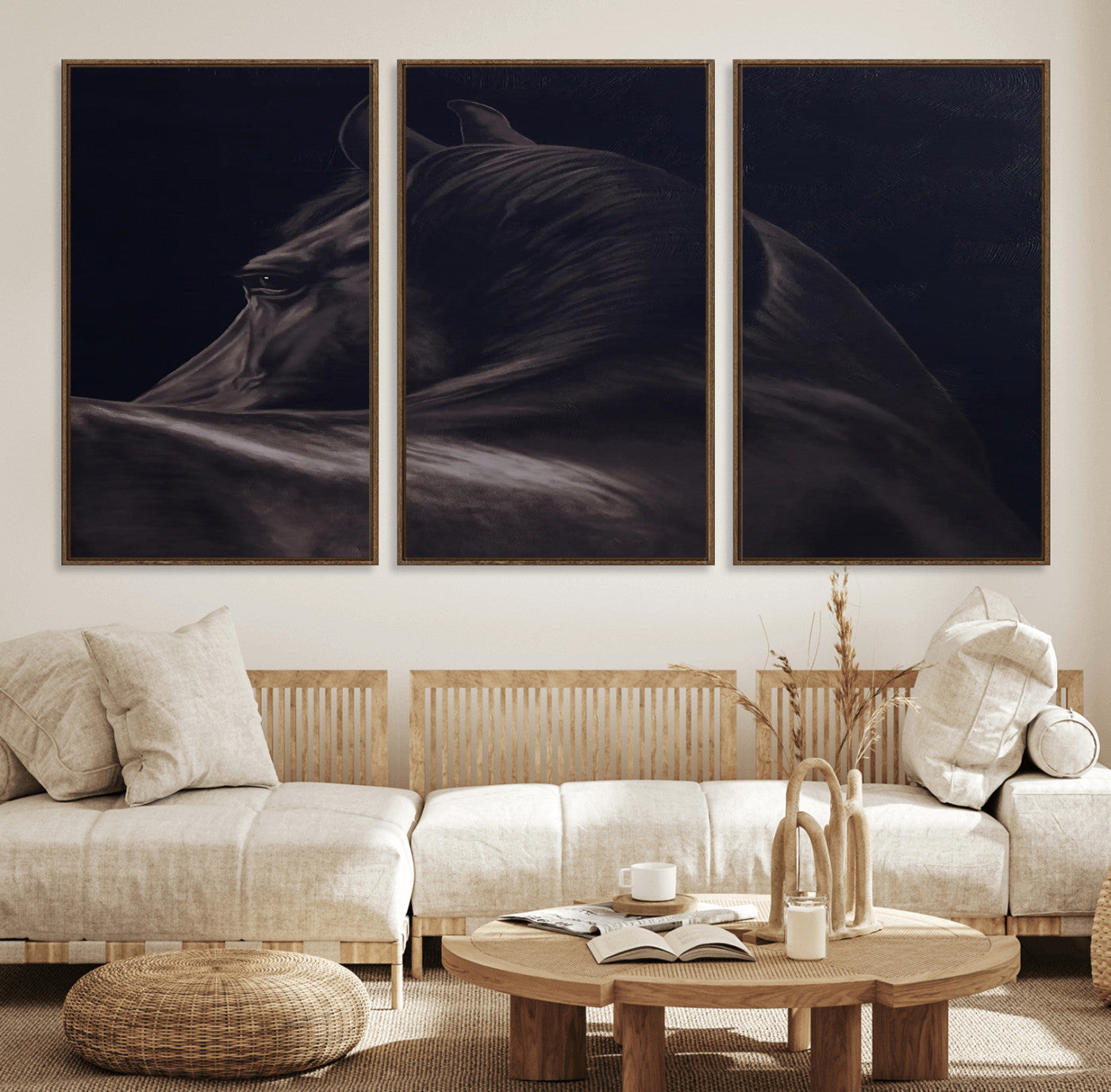 67026880-MGV-CV-36X24-Black Horse Portrait Wall Art Canvas Print, Framed Moody Horse Decor Art Picture Print, Equestrian Wall Style Perfect Masculine