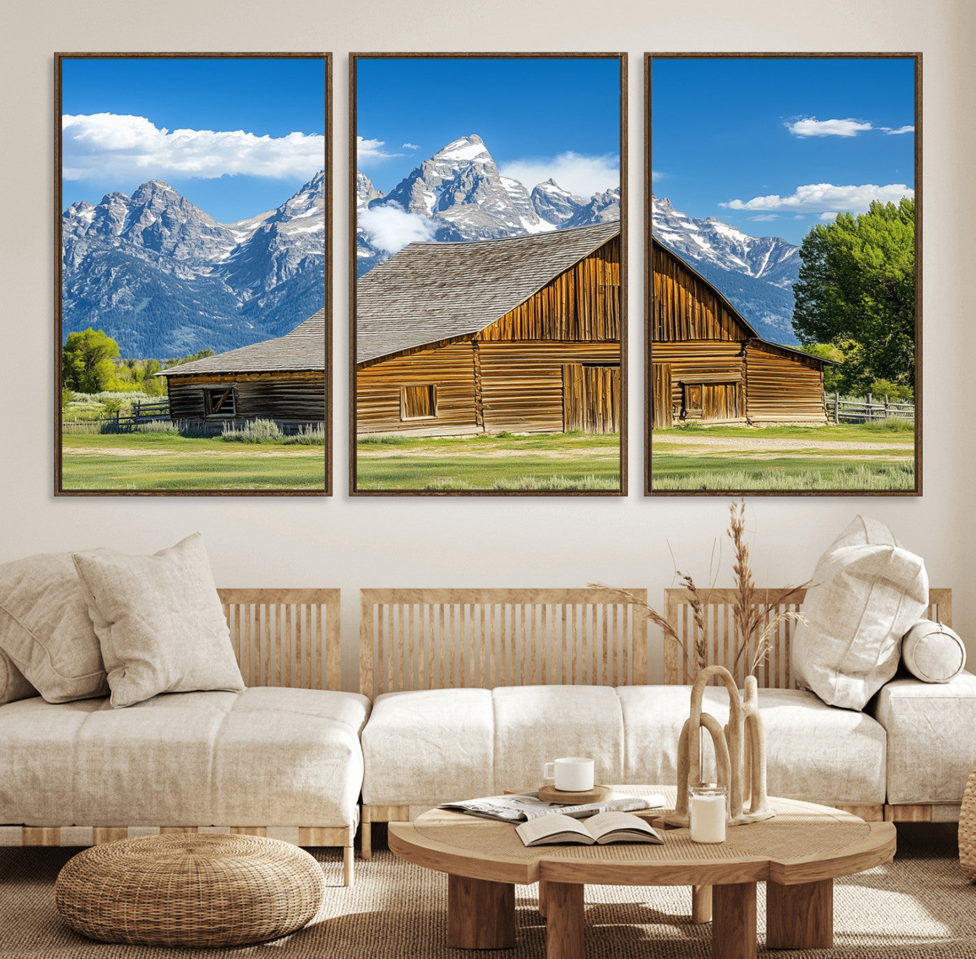 75948467-MGV-CV-36X24-Mountain Barn Scene Wall Art Canvas Print, Framed Rustic Farmhouse Style Art Picture Print, Country Cabin Decor Perfect Rustic