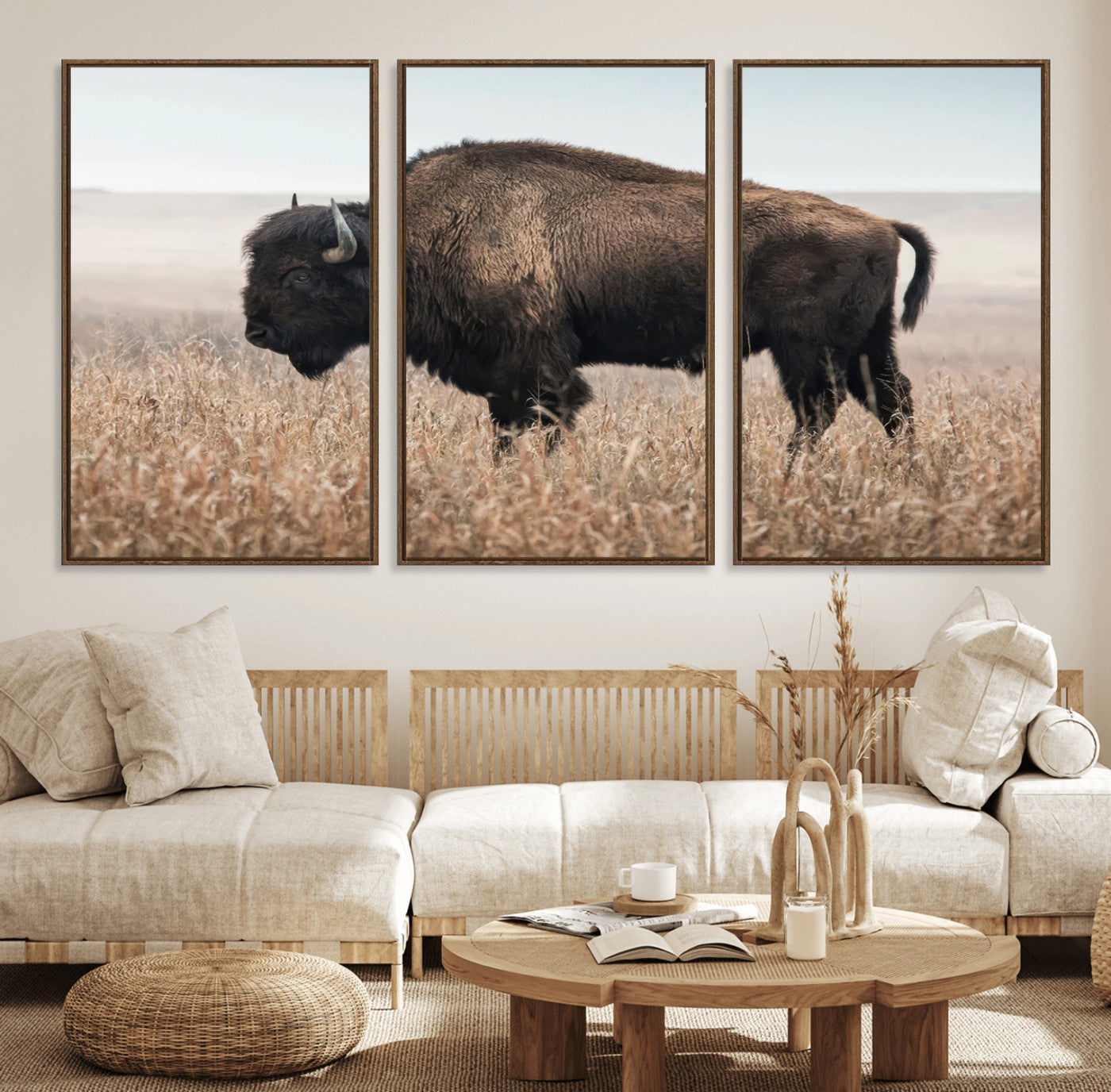 34451925-MGV-FC-60X30-3P_Walnut-Rustic Bison Decor Wall Art Canvas Print, Framed Buffalo Home Accent Art Picture Print, Prairie Wildlife Scene Perfect Western