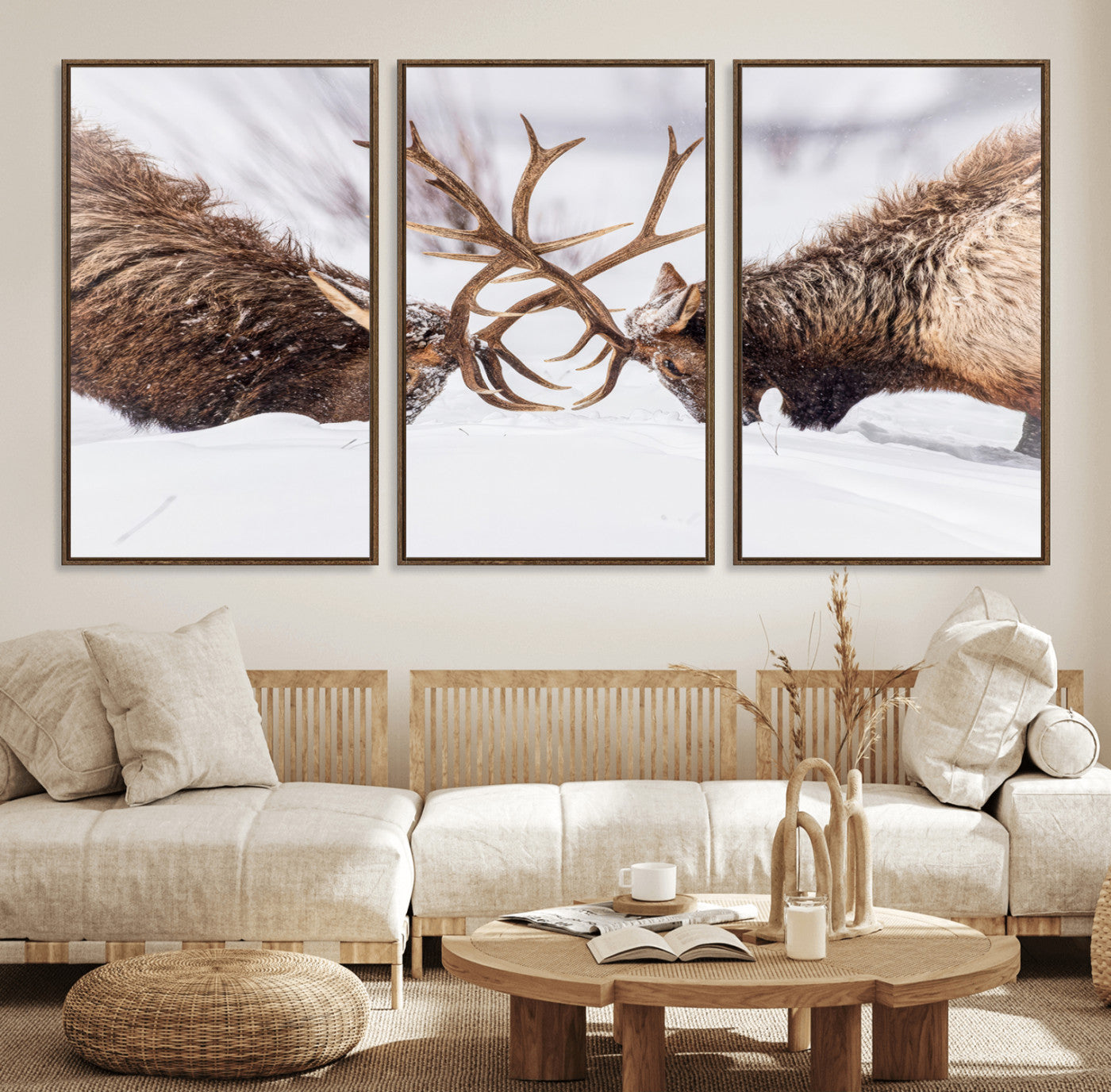 36507609-MGV-CV-36X24-Elk Clash Scene Wall Art Canvas Print, Framed Wildlife Strength Decor Art Picture Print, Snowy Forest Elk Perfect Rustic Lodge