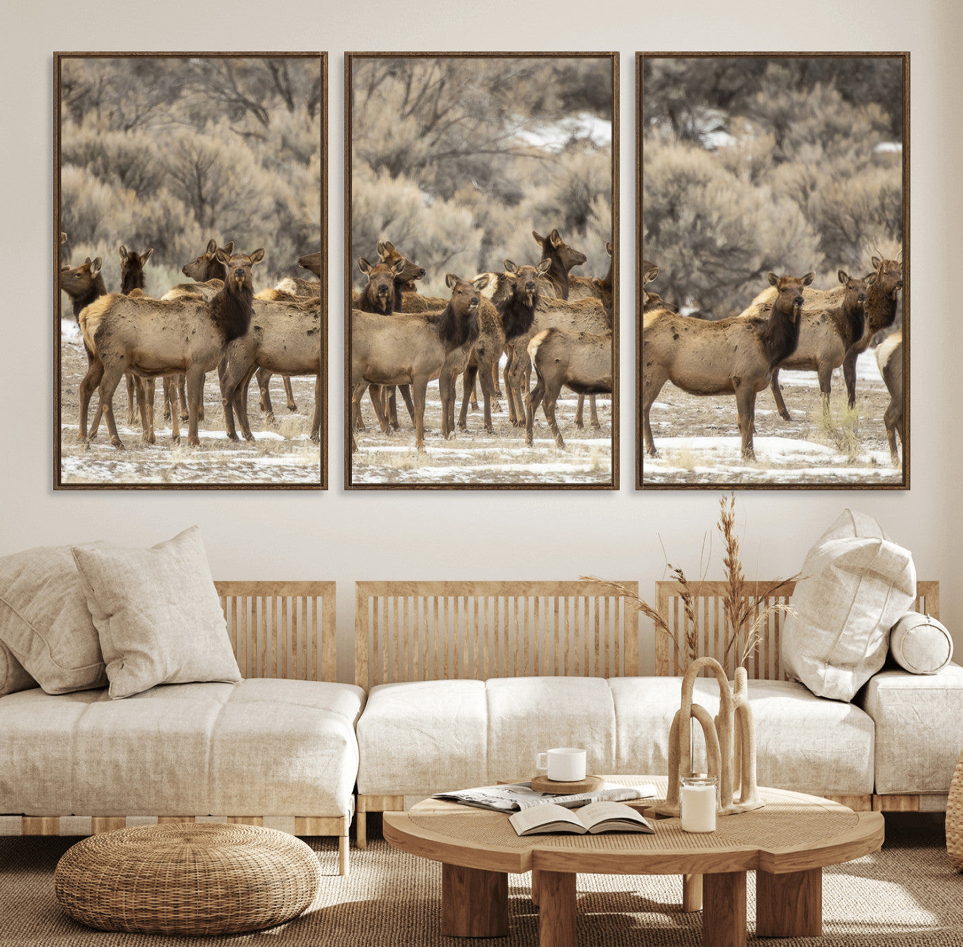 90269422-MGV-CV-36X24-Elk Herd Scene Wall Art Canvas Print, Framed Rustic Wildlife Decor Art Picture Print, Western Cabin Style Perfect Rustic Lodge