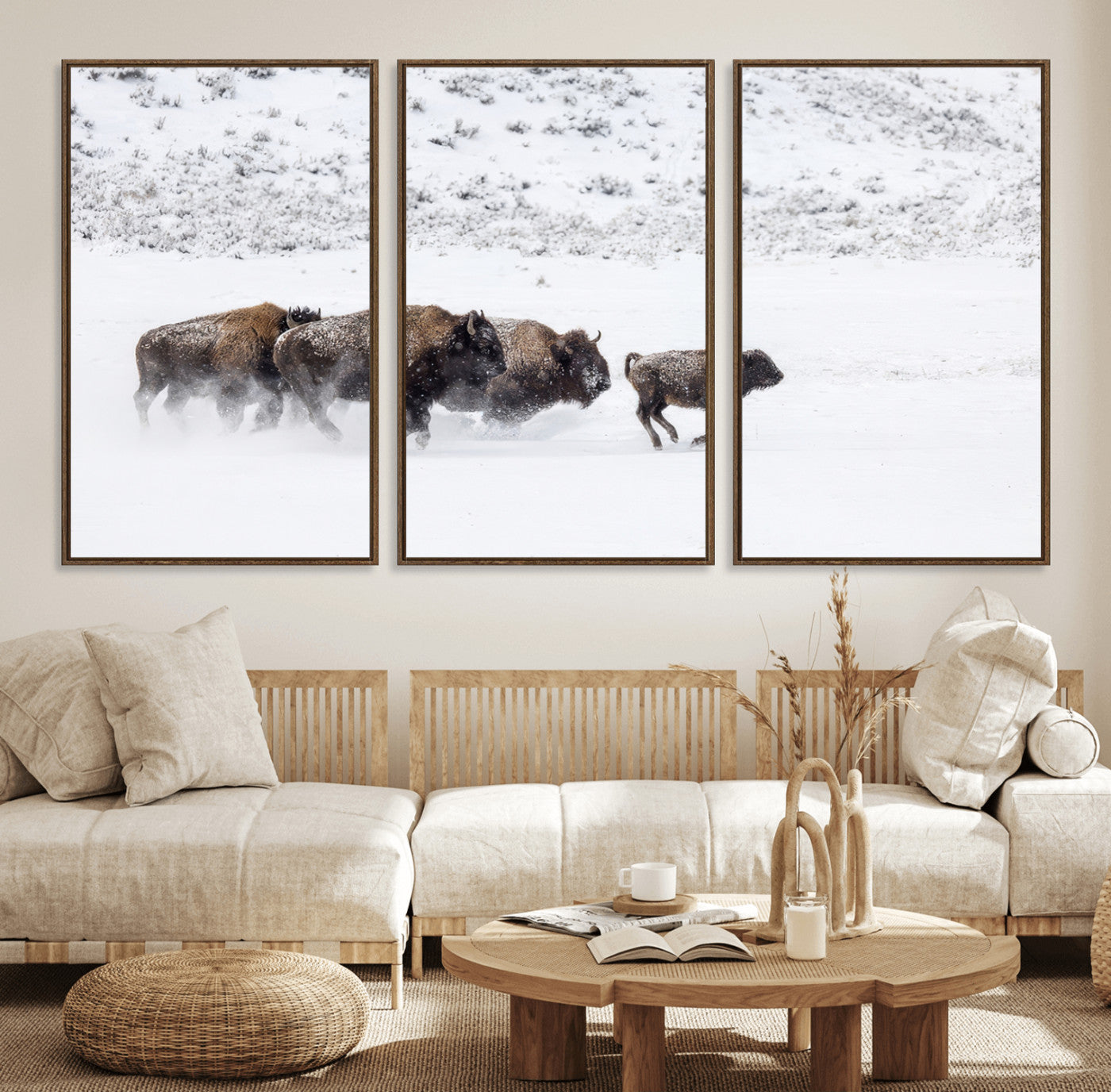 56216945-MGV-FC-60X30-3P_Walnut-Bison Herd Decor Wall Art Canvas Print, Framed Snowy Bison Scene Art Picture Print, Winter Wildlife Theme Perfect Rustic Western