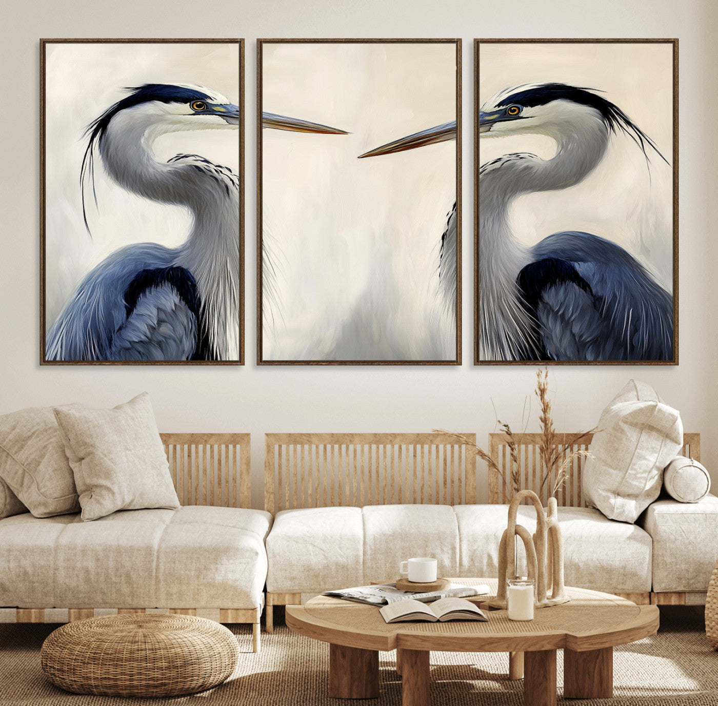 18230556-MGV-FC-60X30-3P_Walnut-Blue Heron Pair Wall Art Canvas Print, Framed Coastal Bird Theme Art Picture Print, Tranquil Wildlife Scene Perfect Coastal